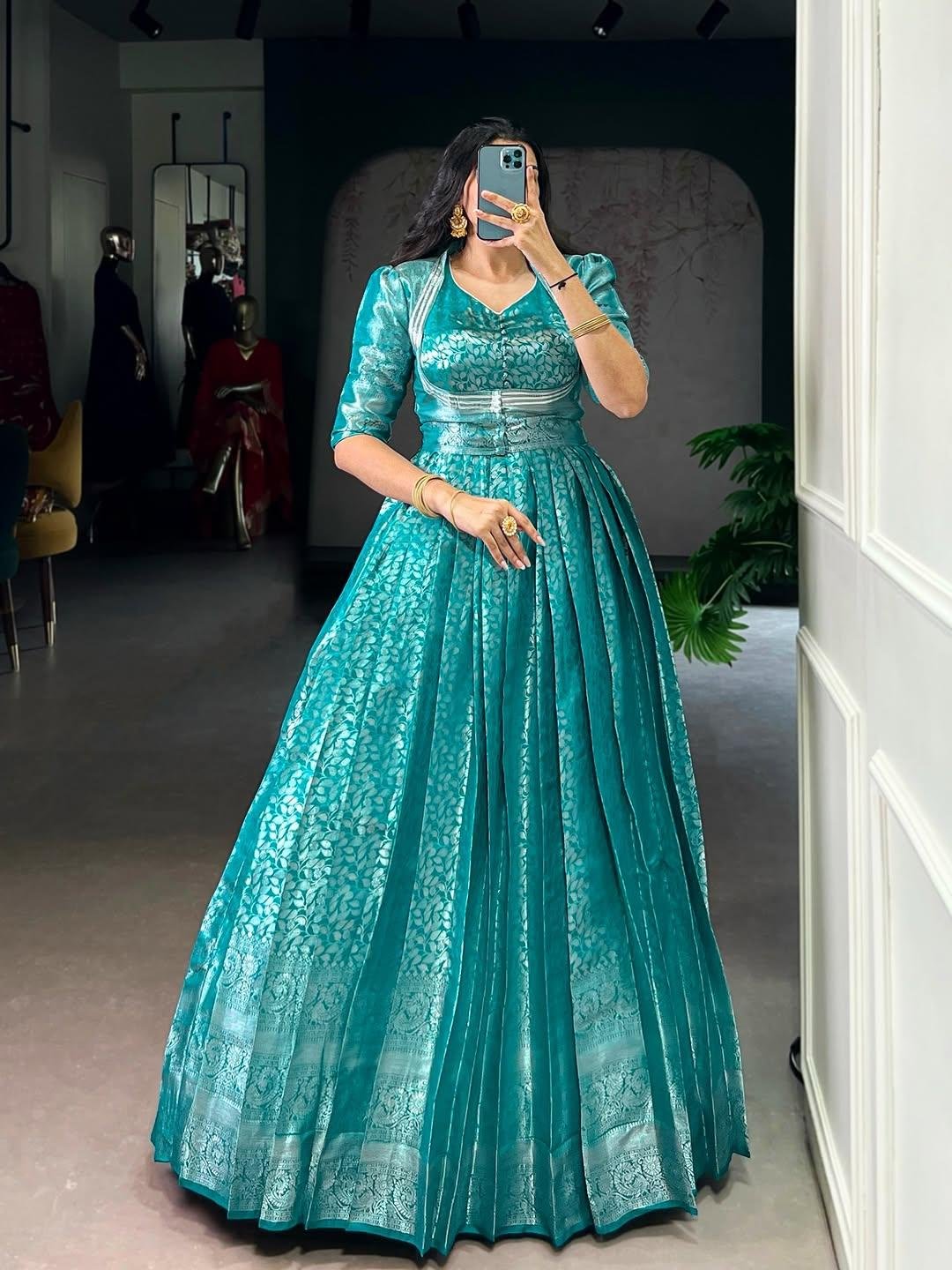 Kanjivaram Gown with Zari Weaving & Lace Touch-Up with Matching Koti – Elegant 2-Piece Ensemble