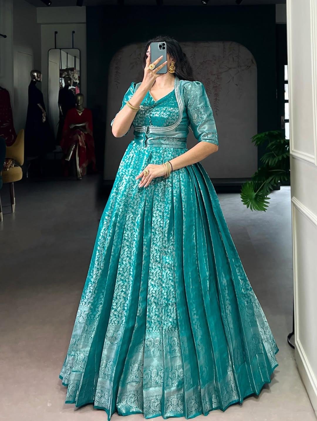 Kanjivaram Gown with Zari Weaving & Lace Touch-Up with Matching Koti – Elegant 2-Piece Ensemble