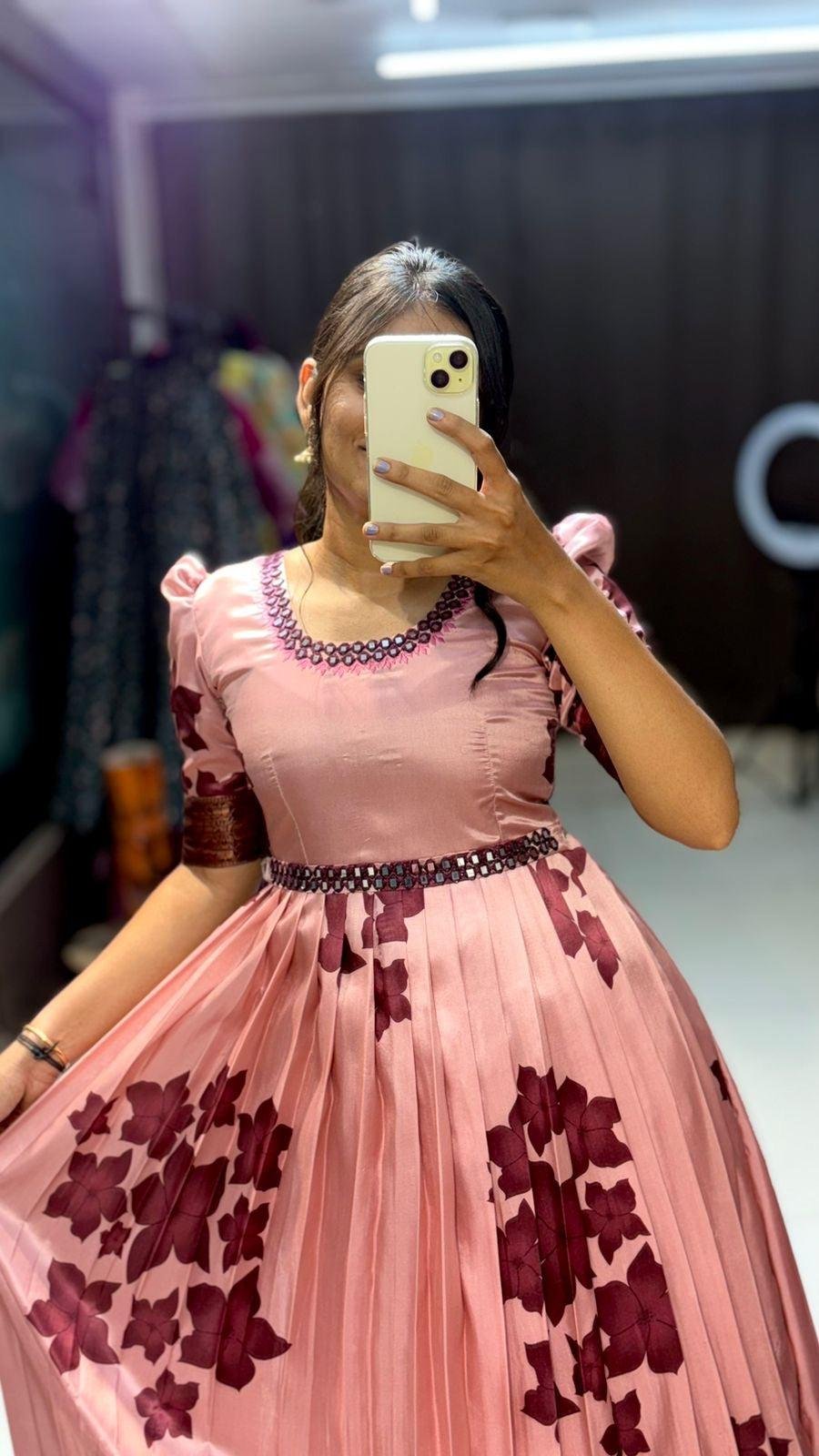 astel Peach Banarasi Ethnic Gown with Dupatta – Traditional Festive Wear for Women