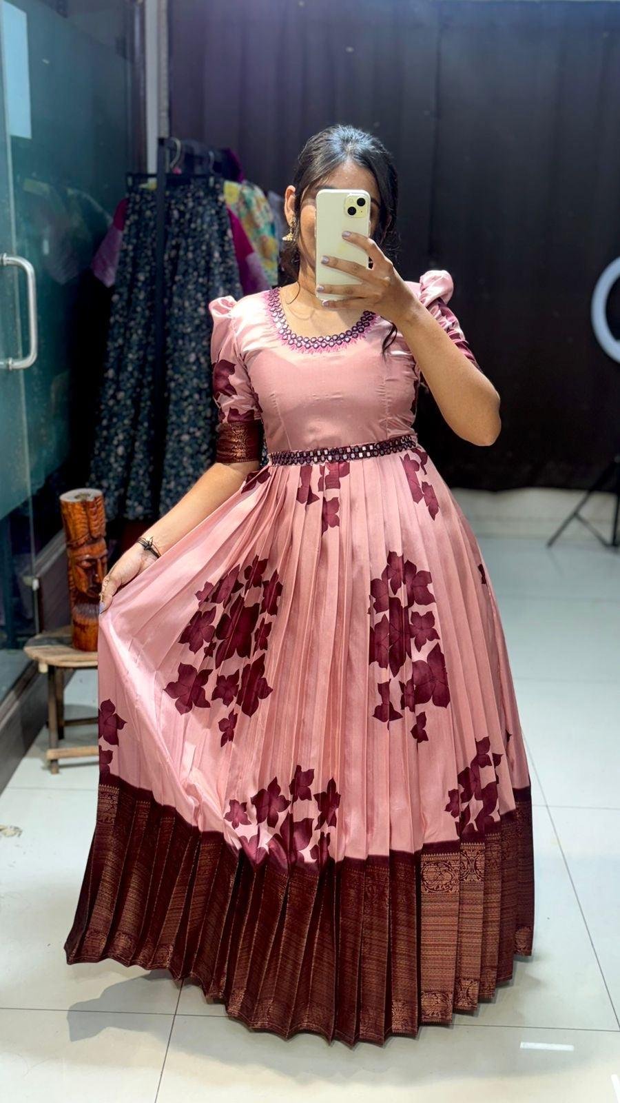 astel Peach Banarasi Ethnic Gown with Dupatta – Traditional Festive Wear for Women