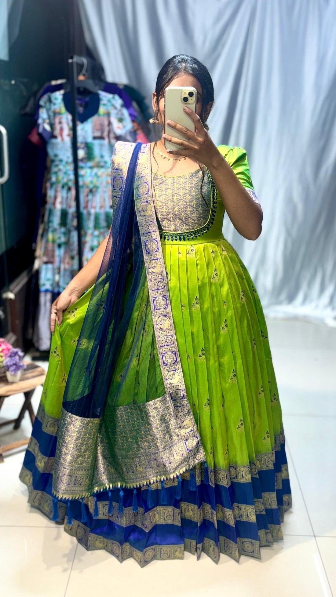 Trendy Pastel Peach Banarasi Silk Gown with Dupatta | Golden Zari Weave & Mirror Work Ethnic Dress