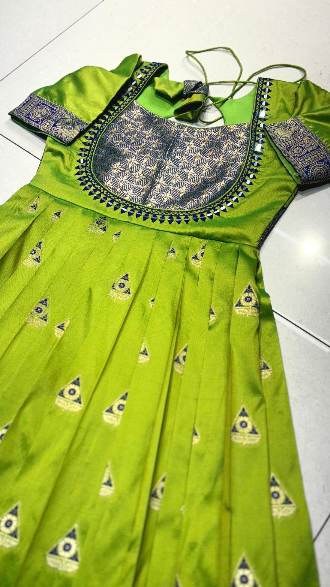 Trendy Pastel Peach Banarasi Silk Gown with Dupatta | Golden Zari Weave & Mirror Work Ethnic Dress