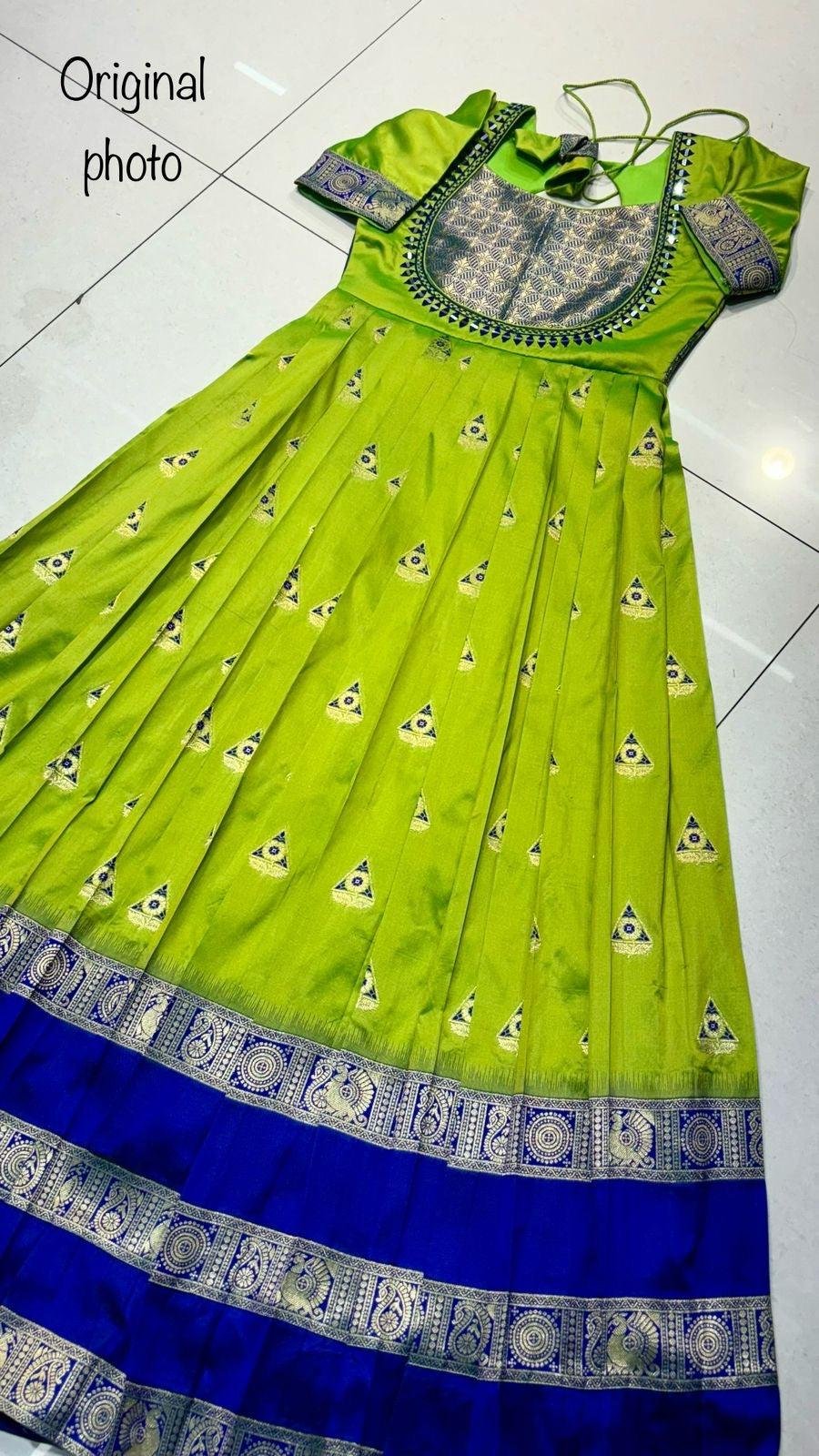 Trendy Pastel Peach Banarasi Silk Gown with Dupatta | Golden Zari Weave & Mirror Work Ethnic Dress