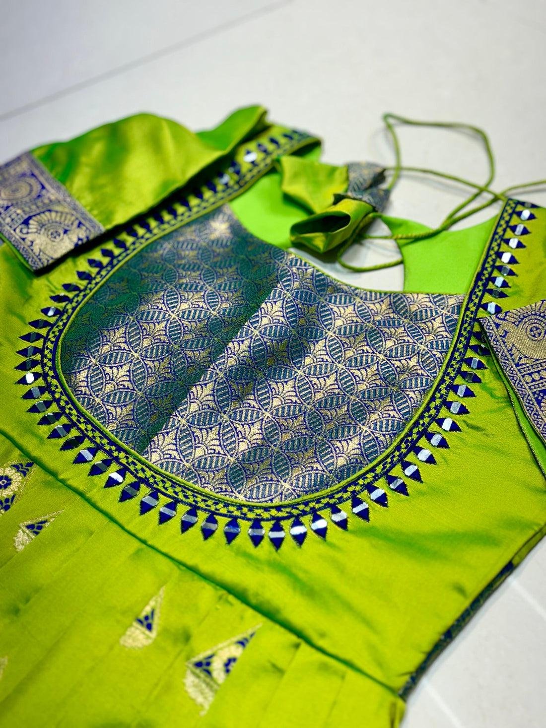 Trendy Pastel Peach Banarasi Silk Gown with Dupatta | Golden Zari Weave & Mirror Work Ethnic Dress