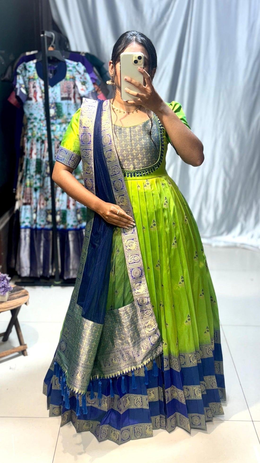 Trendy Pastel Peach Banarasi Silk Gown with Dupatta | Golden Zari Weave & Mirror Work Ethnic Dress