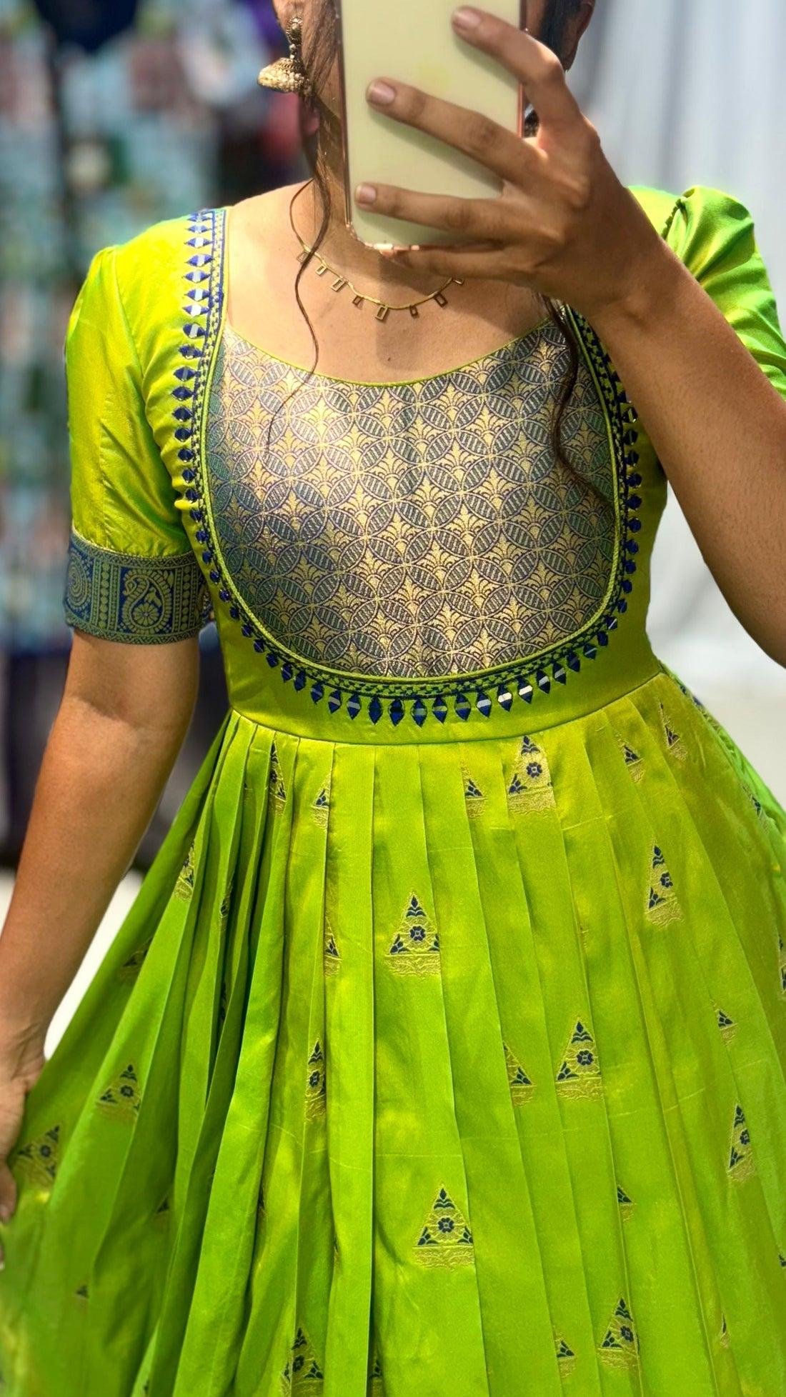 Trendy Pastel Peach Banarasi Silk Gown with Dupatta | Golden Zari Weave & Mirror Work Ethnic Dress