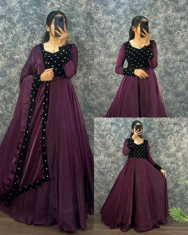 Fendy Silk Gown with Dupatta | 9000 Velvet Sequin Work Party Wear Ethnic Dress