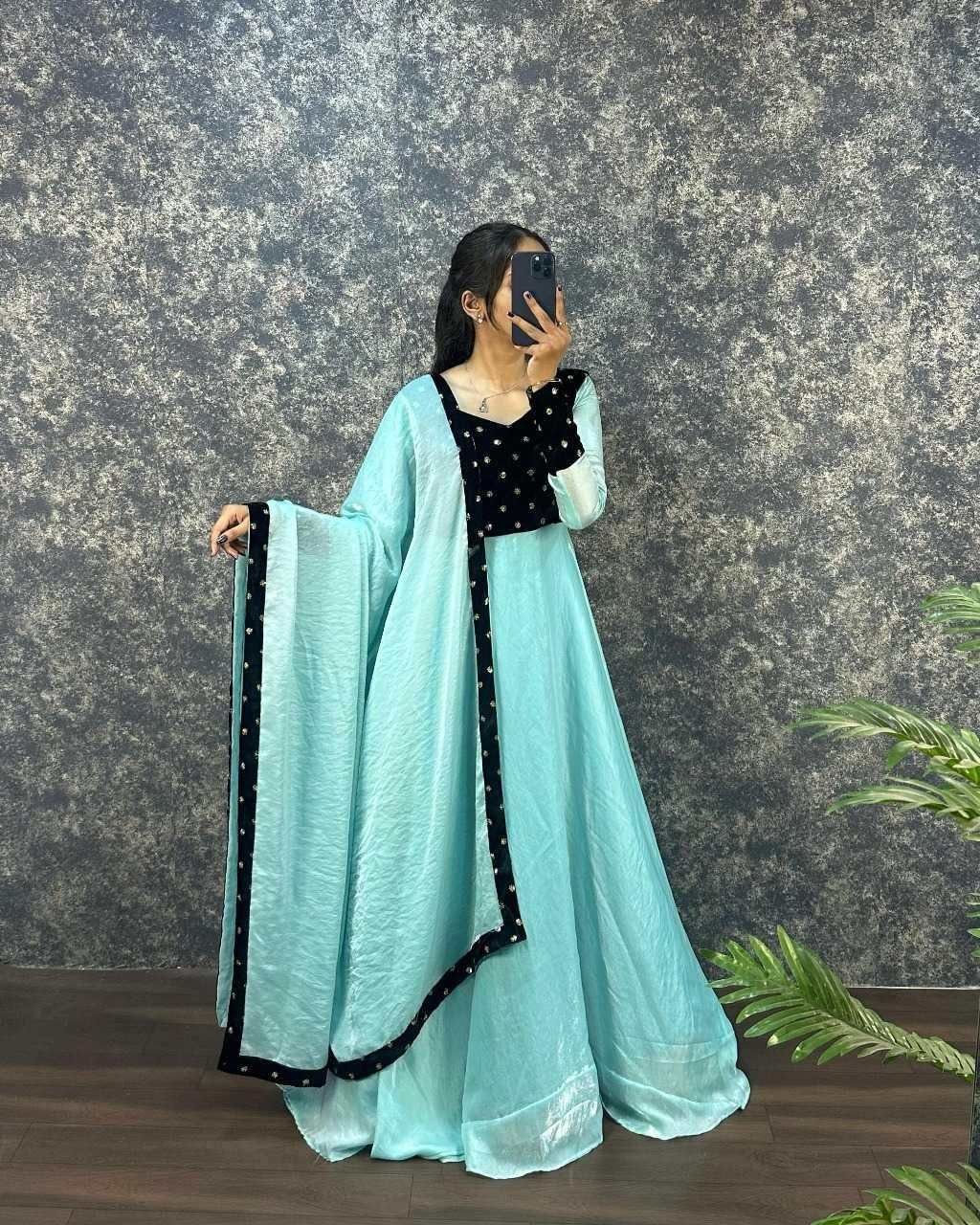 Fendy Silk Gown with Dupatta | 9000 Velvet Sequin Work Party Wear Ethnic Dress