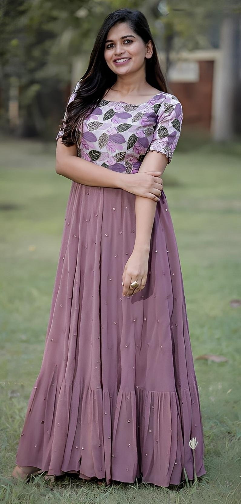 Launching New Georgette Maxi Gown with Mirror Work | Printed Yoke & Flared Designer Ethnic Dress