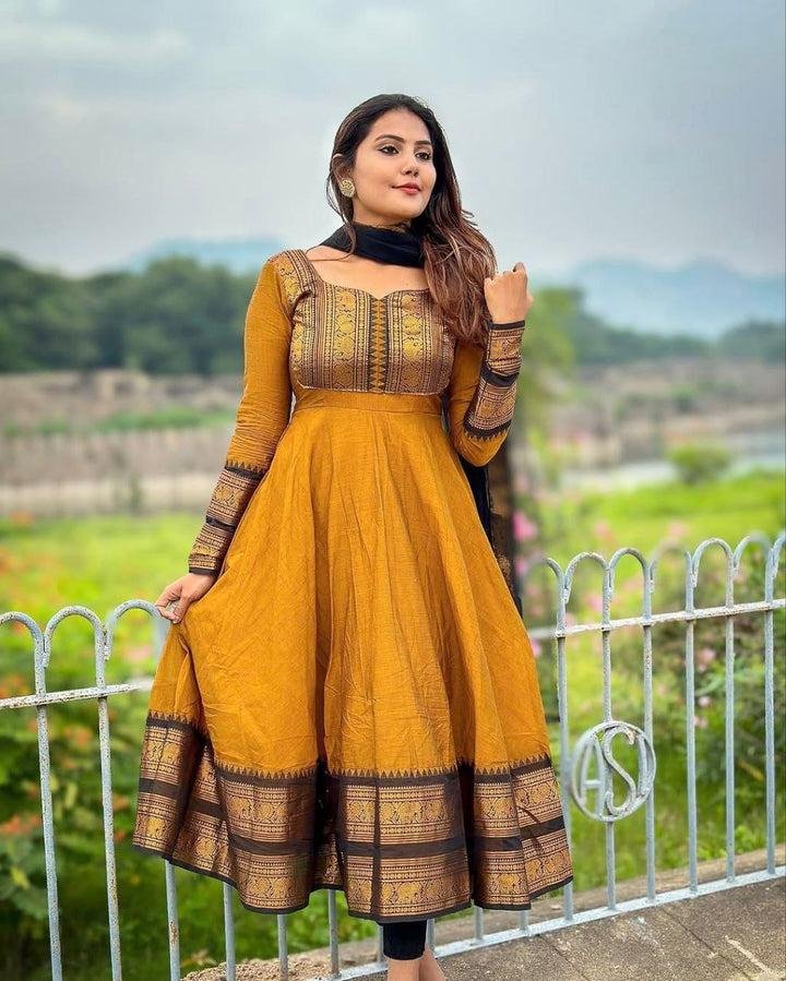 Mustard cotton silk gown set