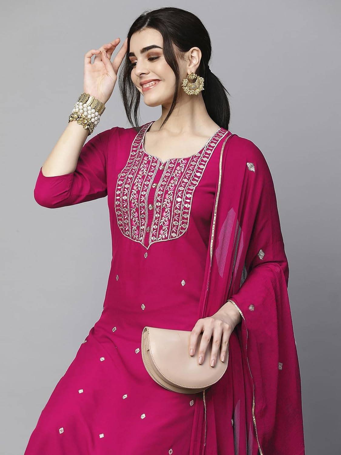 Magenta Pink Kurti, Palazzo Dupatta set