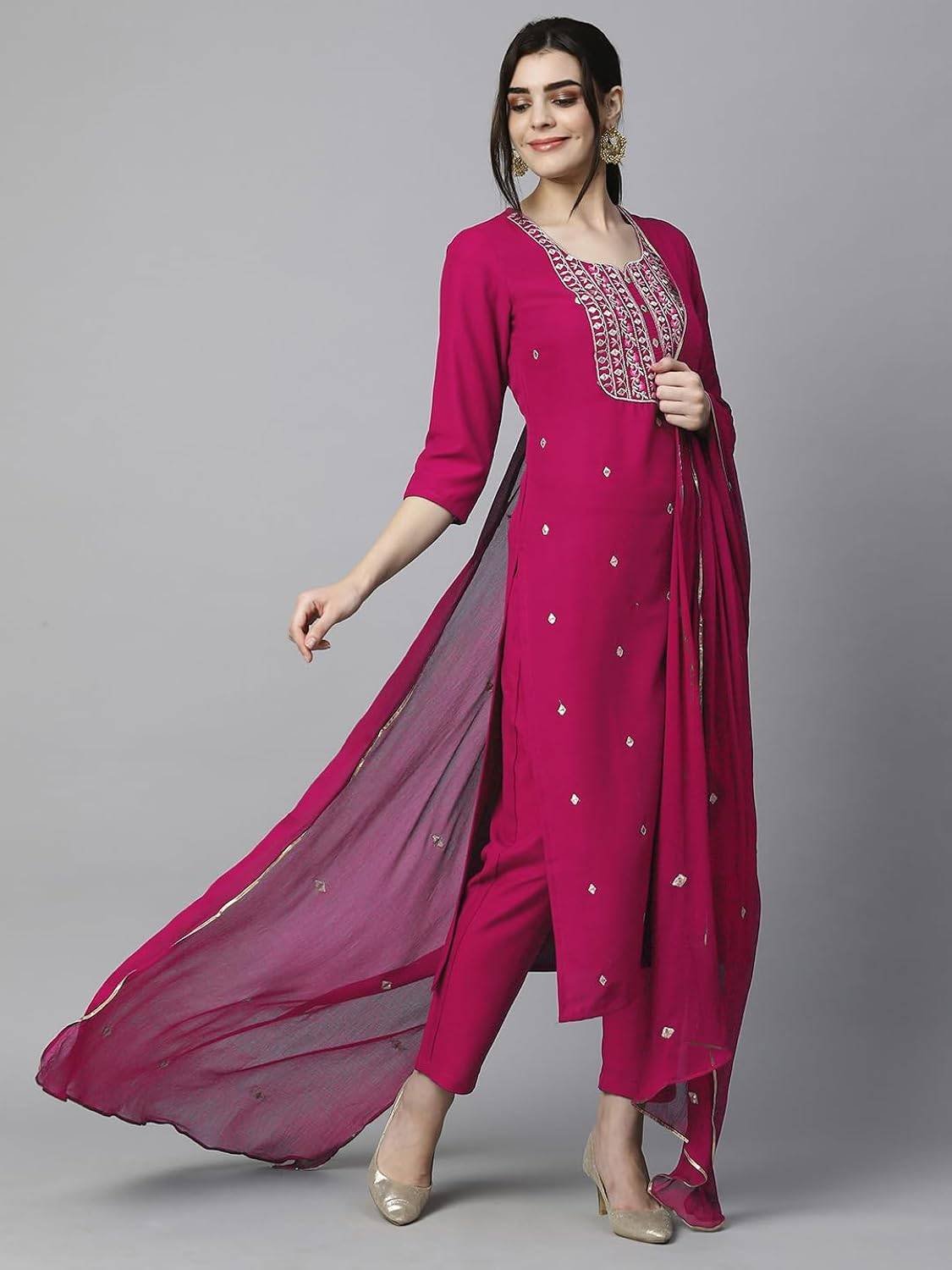 Magenta Pink Kurti, Palazzo Dupatta set