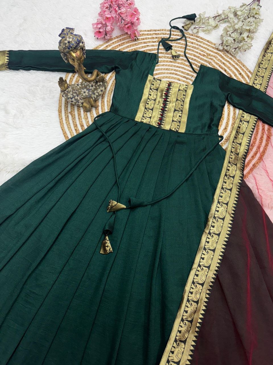 Elegant Vichitra Silk Gown With Zari Border and Dupatta