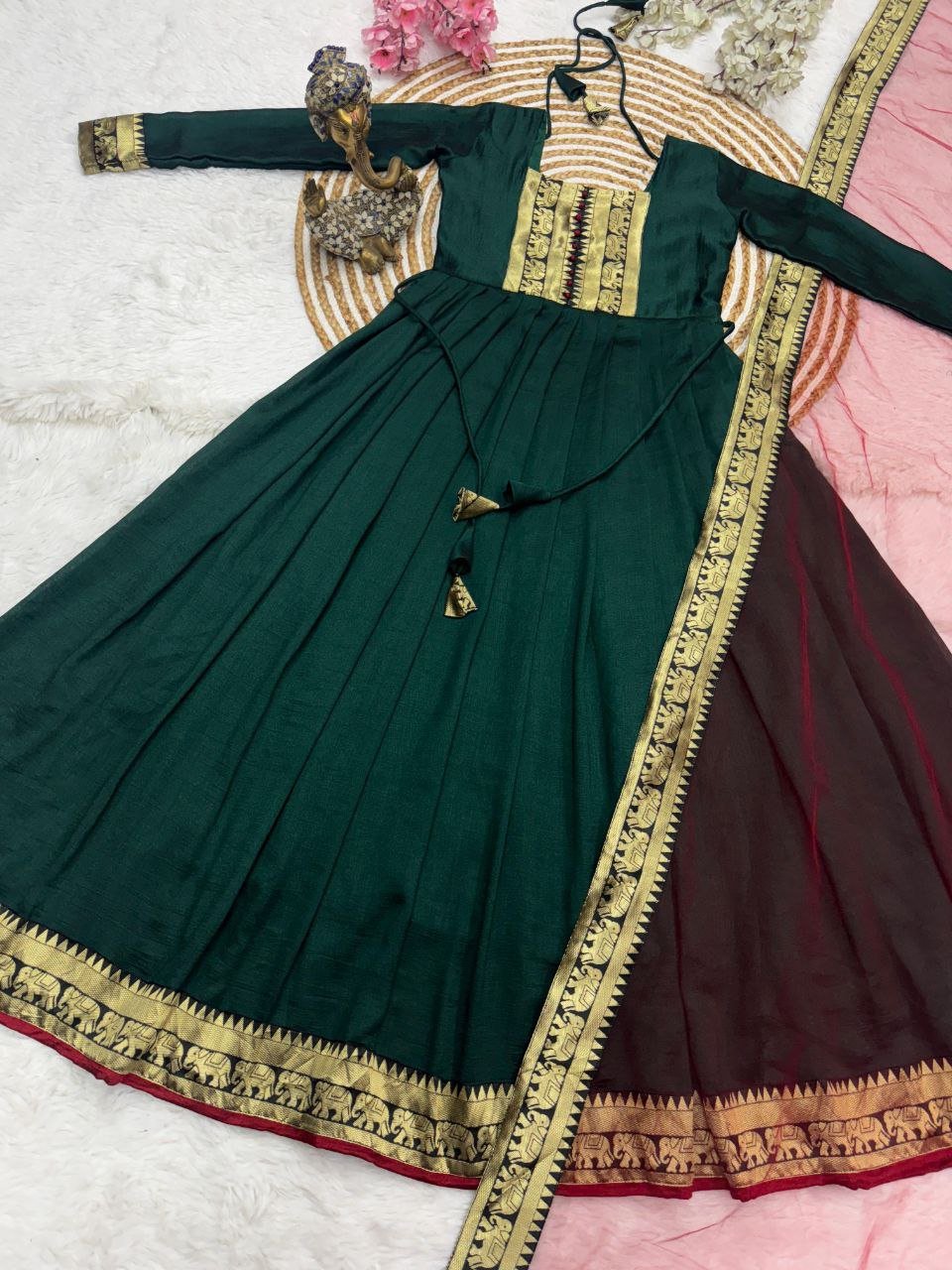 Elegant Vichitra Silk Gown With Zari Border and Dupatta