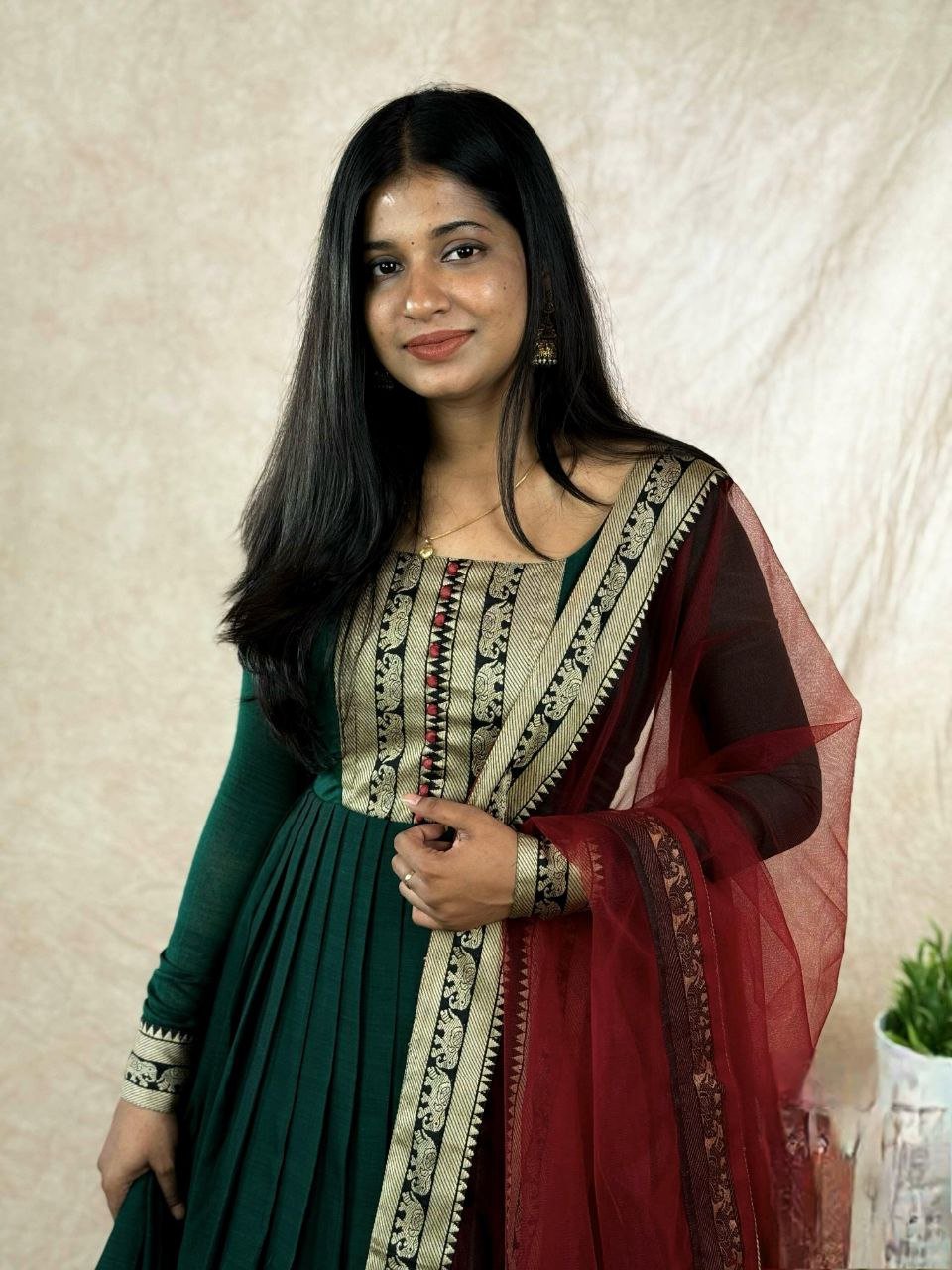 Elegant Vichitra Silk Gown With Zari Border and Dupatta