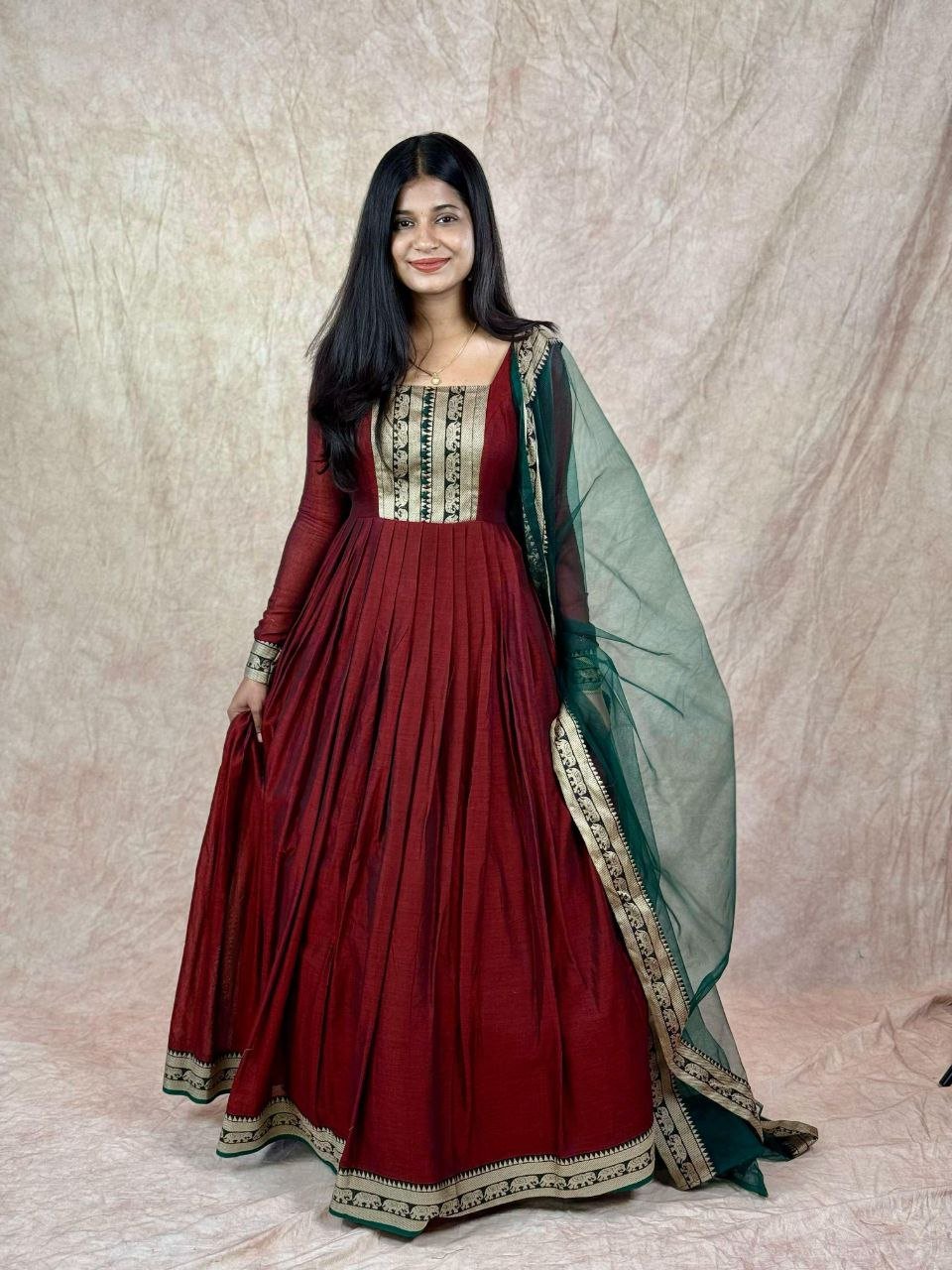 Elegant Vichitra Silk Gown With Zari Border and Dupatta