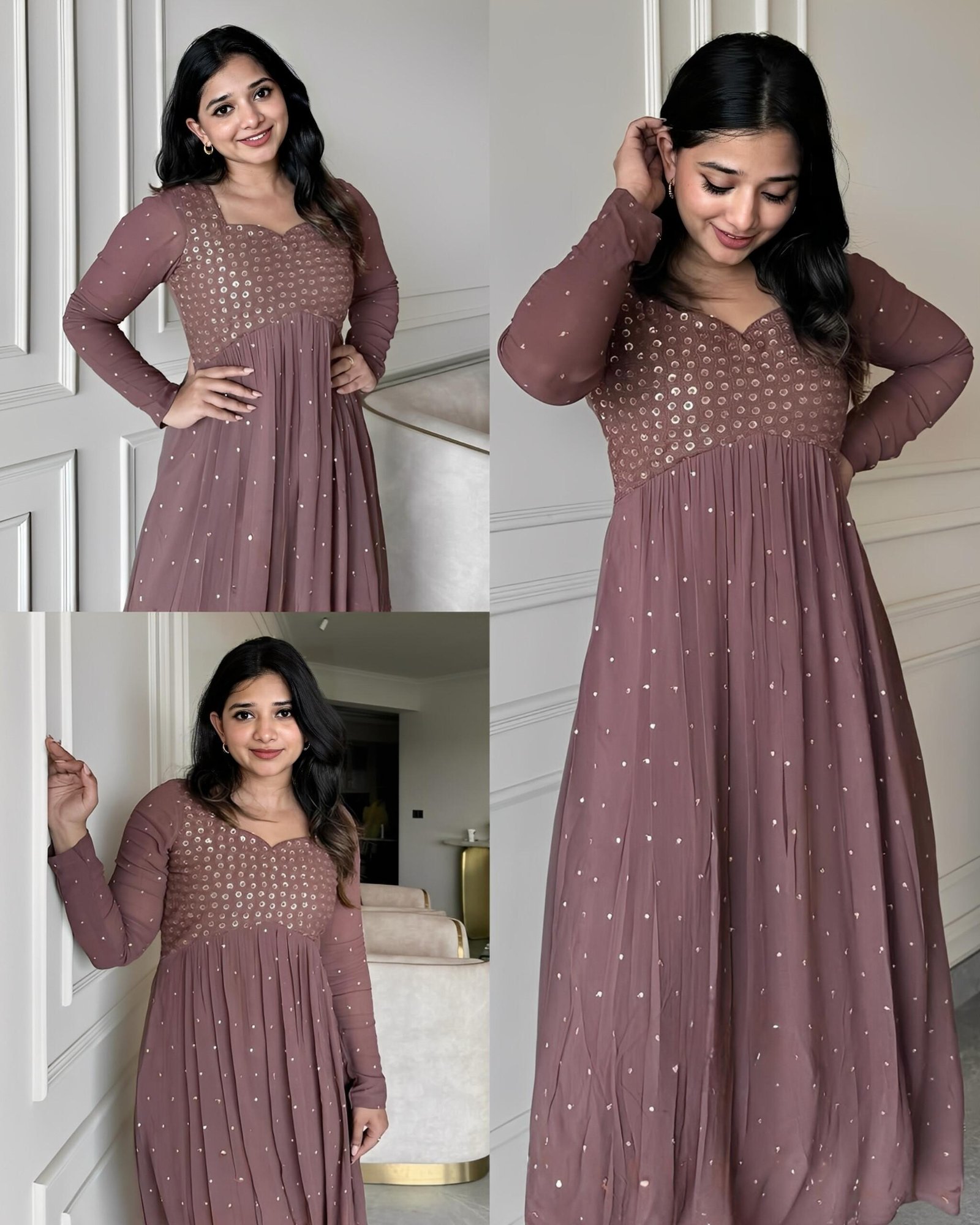 Premium Faux Georgette Embroidered Gown Set – Full Stitched | 4 Meter Flair | Dupatta + Pant Included