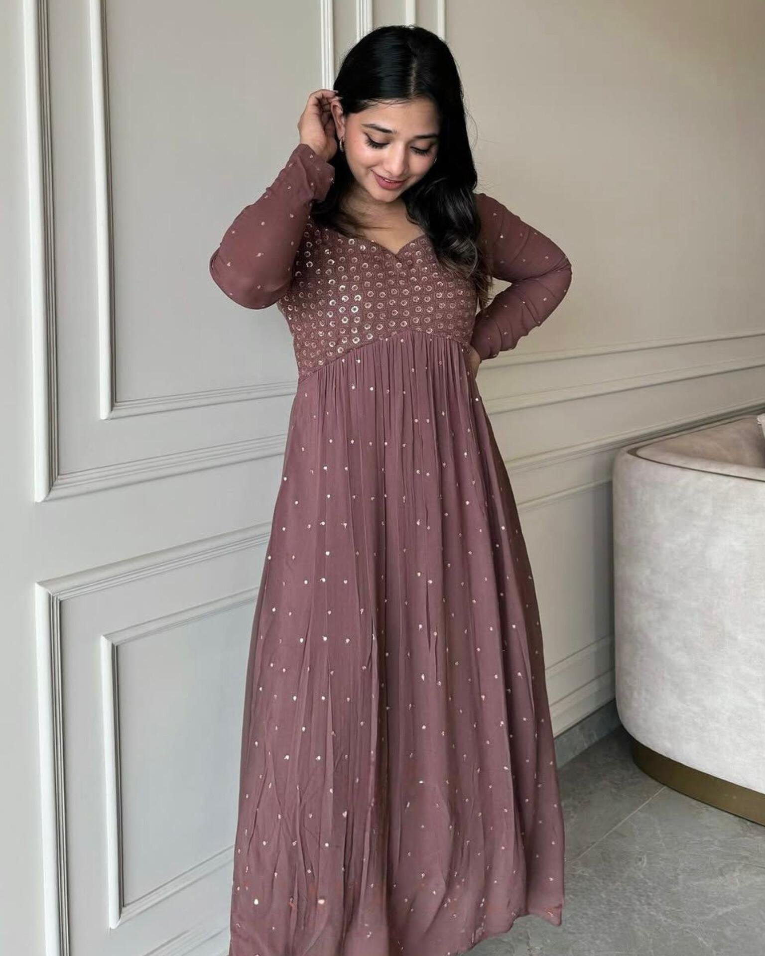 Premium Faux Georgette Embroidered Gown Set – Full Stitched | 4 Meter Flair | Dupatta + Pant Included