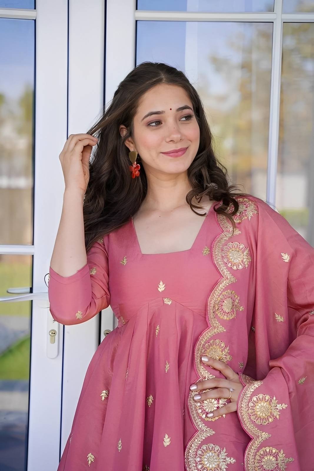 Designer Party Wear Embroidered Sequence Work Gown Set | Fully Stitched | Heavy Gold Crush Silk