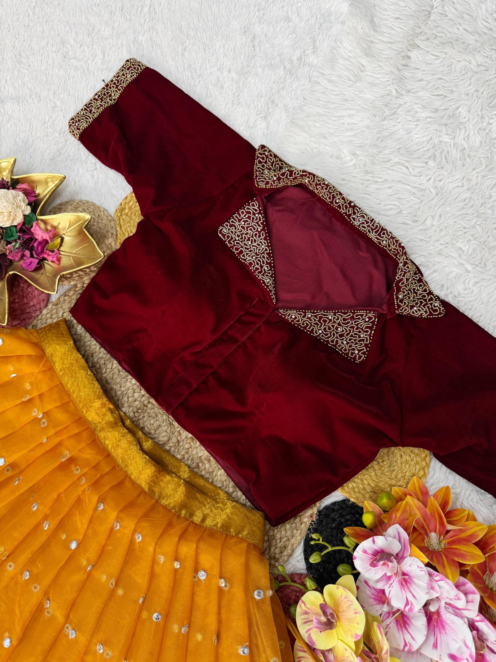 Trending Fully Stitched Organza Lehenga With Maggam Work Velvet Blouse