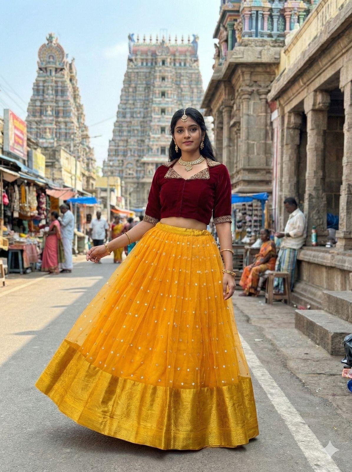 Trending Fully Stitched Organza Lehenga With Maggam Work Velvet Blouse