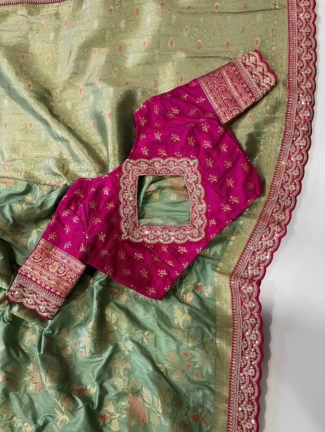 Pure Banarasi Saree with Elegant Flower Weaving & Designer Blouse – Premium Traditional Collection