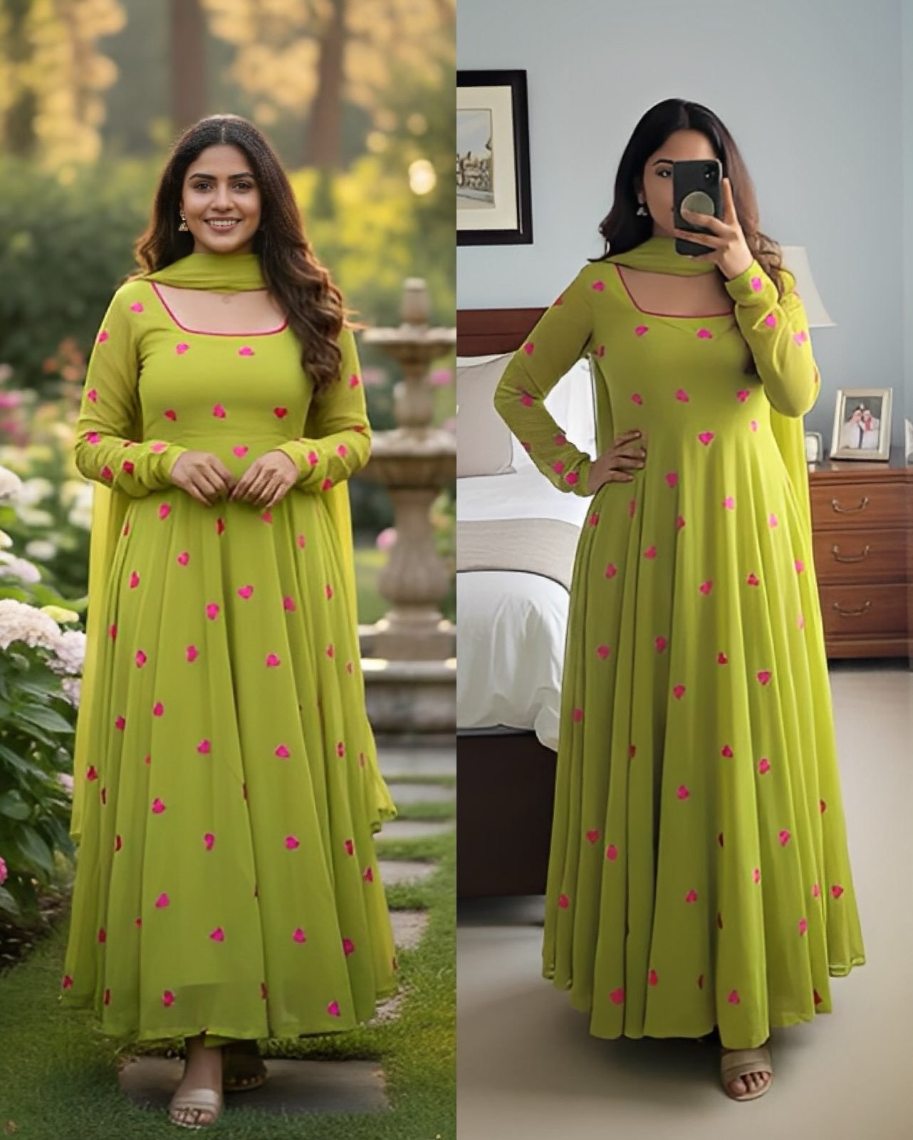 Love Embroidery Long Gown with Dupatta / Cotton Anarkali with Dupatta