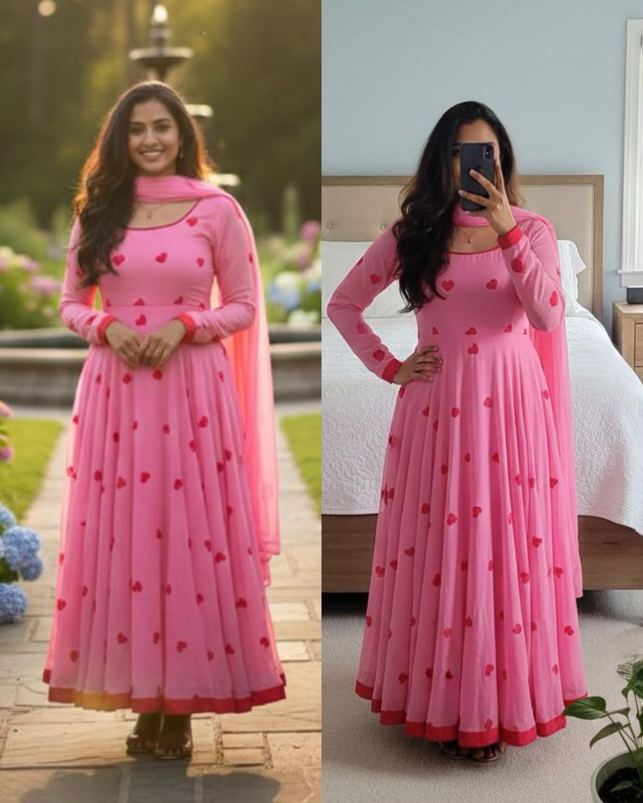 Love Embroidery Long Gown with Dupatta / Cotton Anarkali with Dupatta