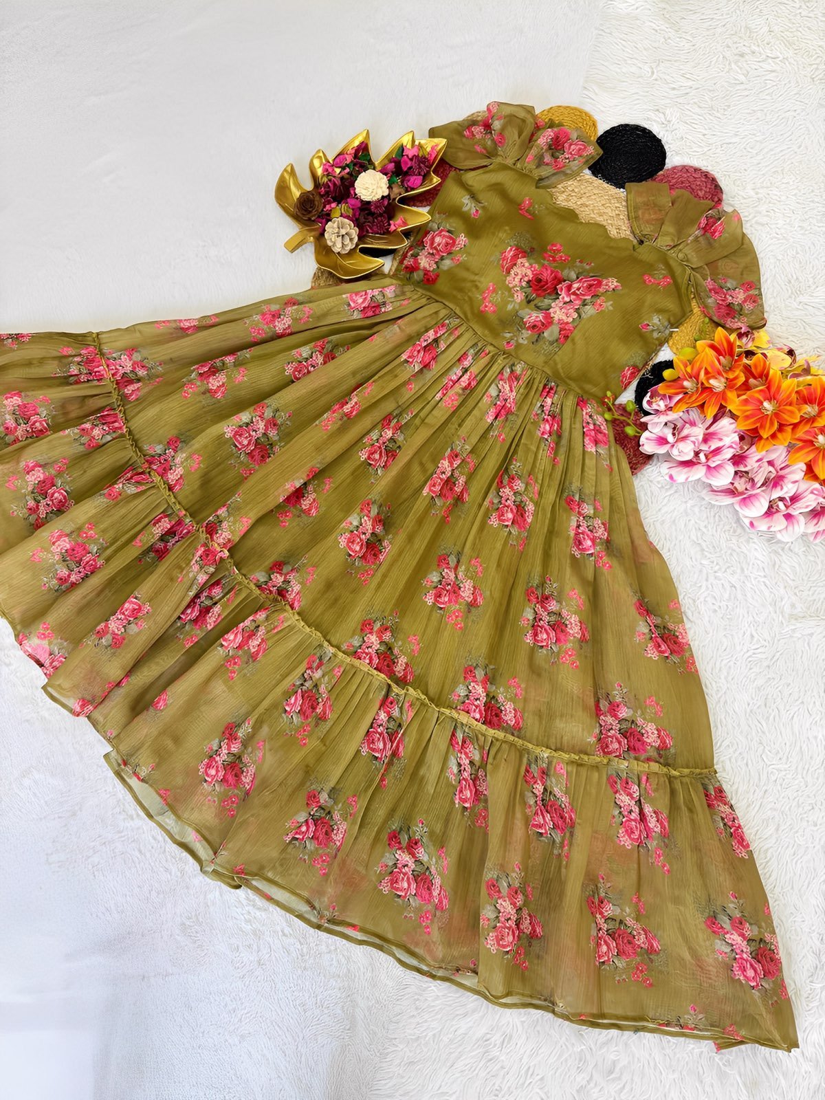 Squat Goals Floral Multicolor Maxi / Twinning Group Dress for Girls / Chanderi Maxi