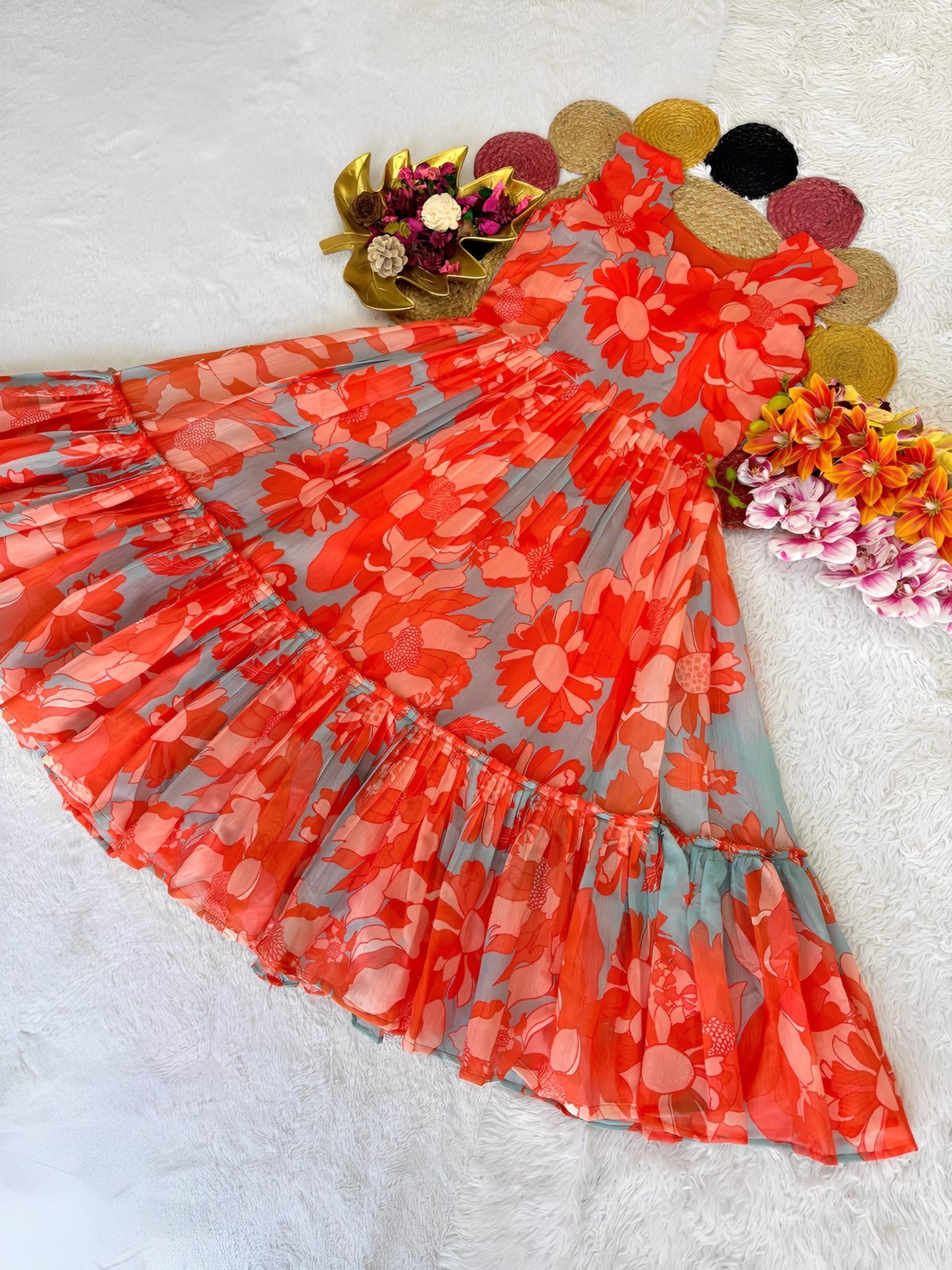 Squat Goals Floral Multicolor Maxi / Twinning Group Dress for Girls / Chanderi Maxi