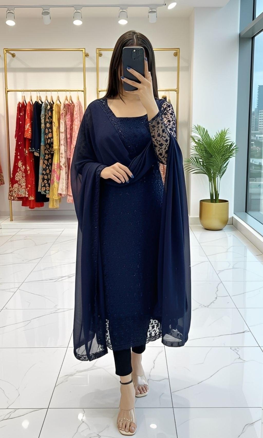 Georgette Full Embroidery Kurti with Dupatta  │Chikankari Kurti set  │ College and Office Wear