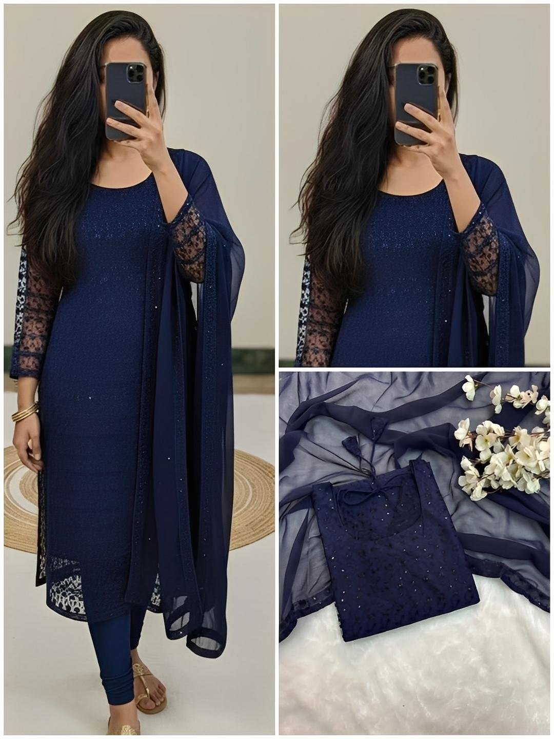 Georgette Full Embroidery Kurti with Dupatta  │Chikankari Kurti set  │ College and Office Wear