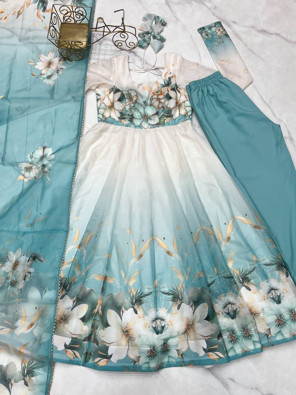 Snowwhite Floral Royal Designer Gown set with bottom / Festival wear in Offer