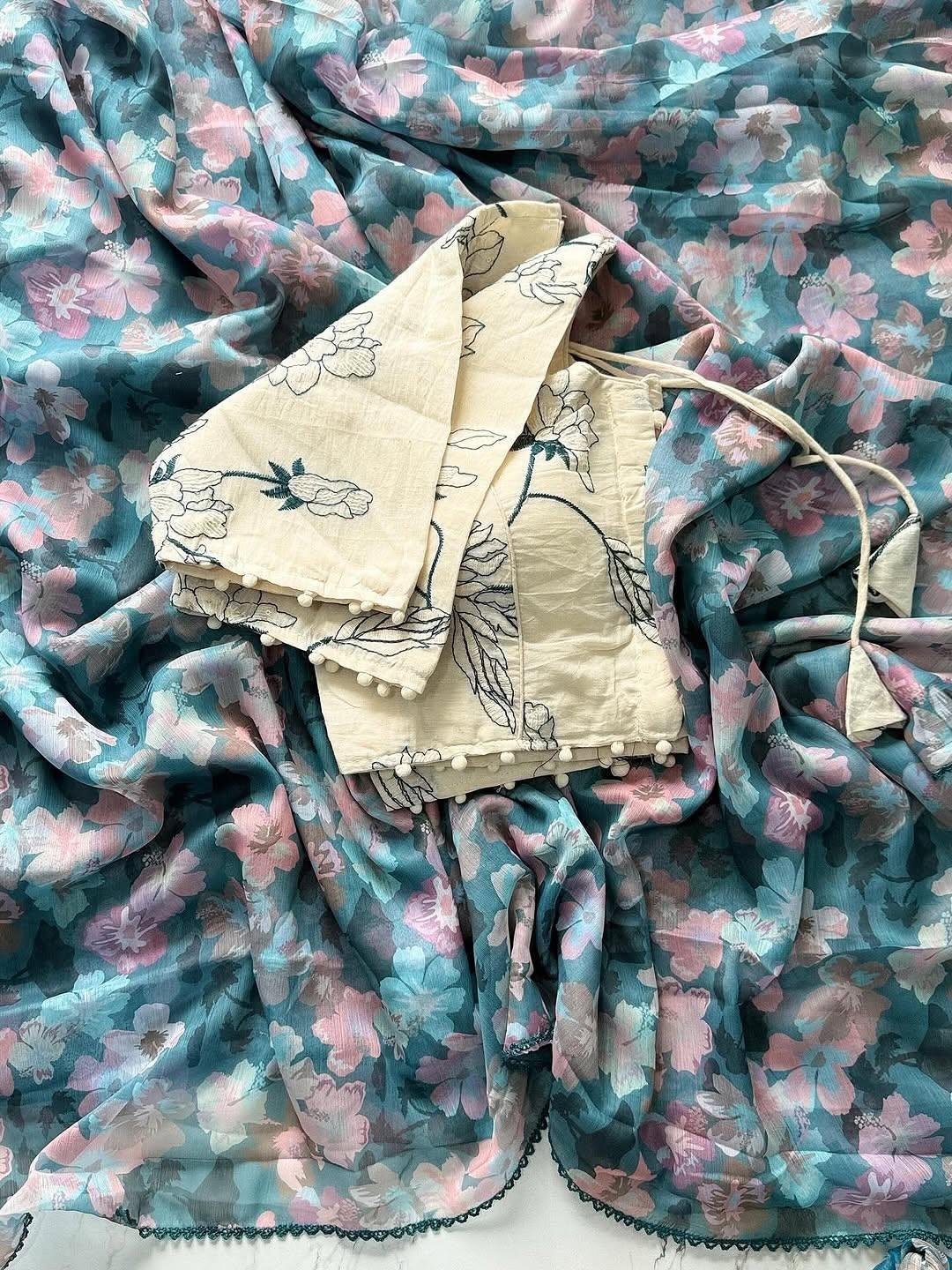 Premium Chiffon Digital Flower Print Saree With Arco Border