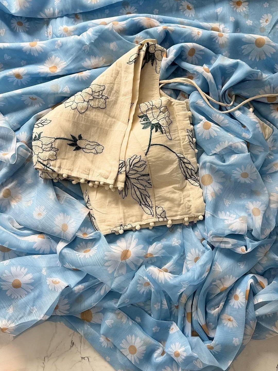 Premium Chiffon Digital Flower Print Saree With Arco Border