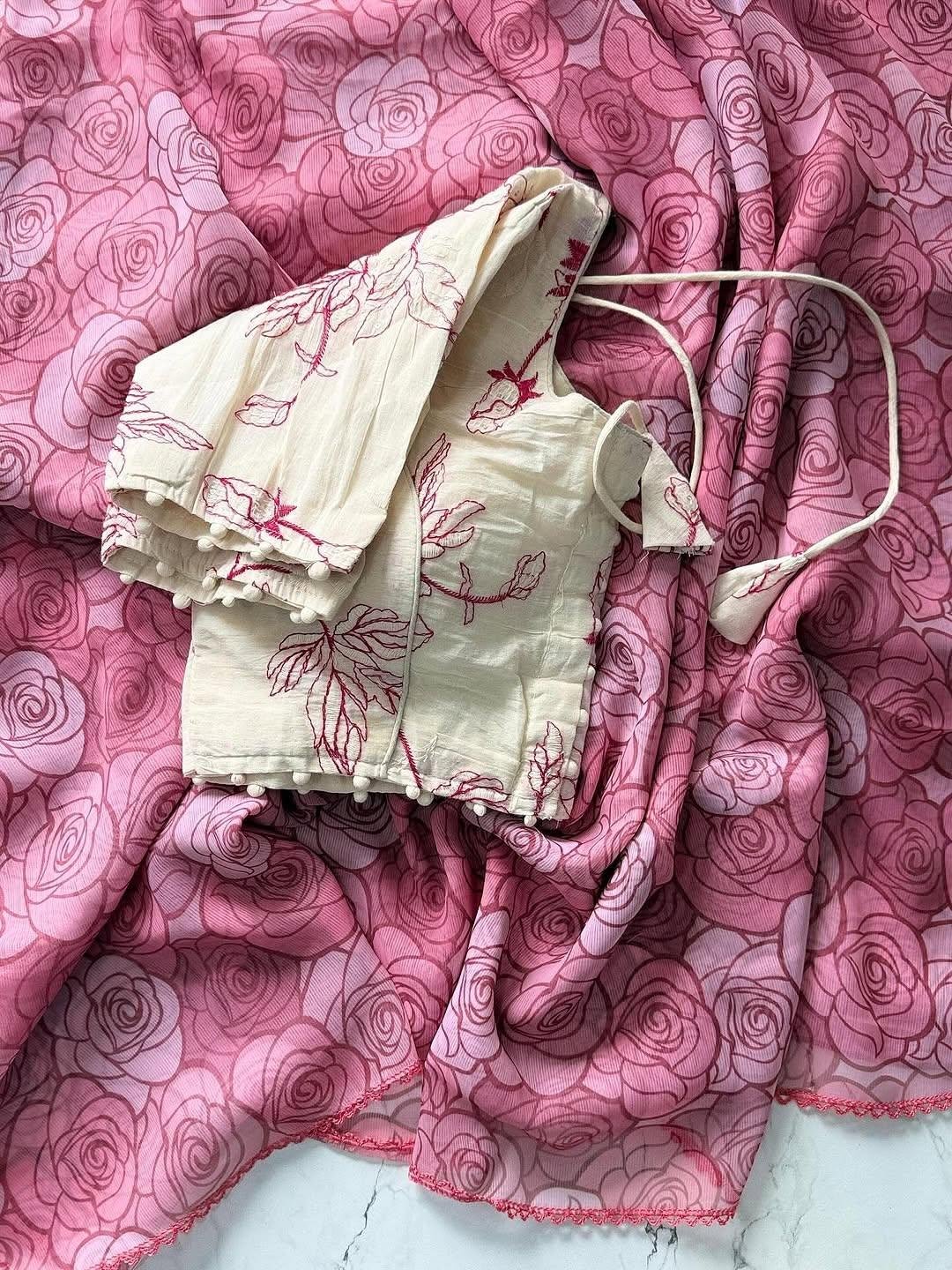 Premium Chiffon Digital Flower Print Saree With Arco Border