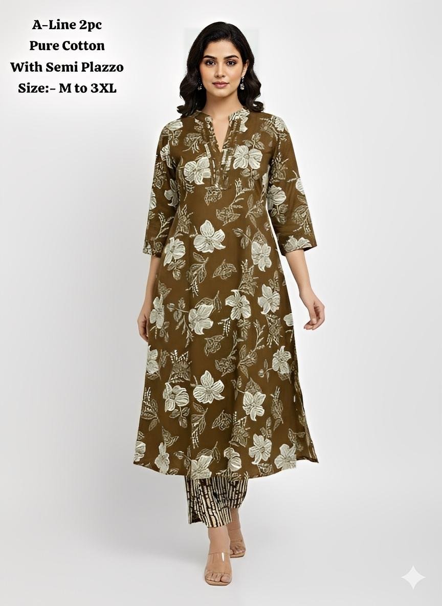 A-Line Collar Neck Kurti with Pintex Work & Semi Plazzo | Premium Jaipur Cotton