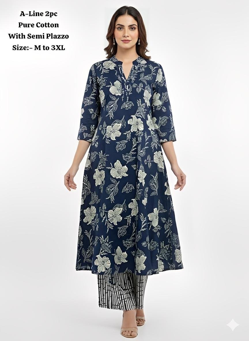 A-Line Collar Neck Kurti with Pintex Work & Semi Plazzo | Premium Jaipur Cotton