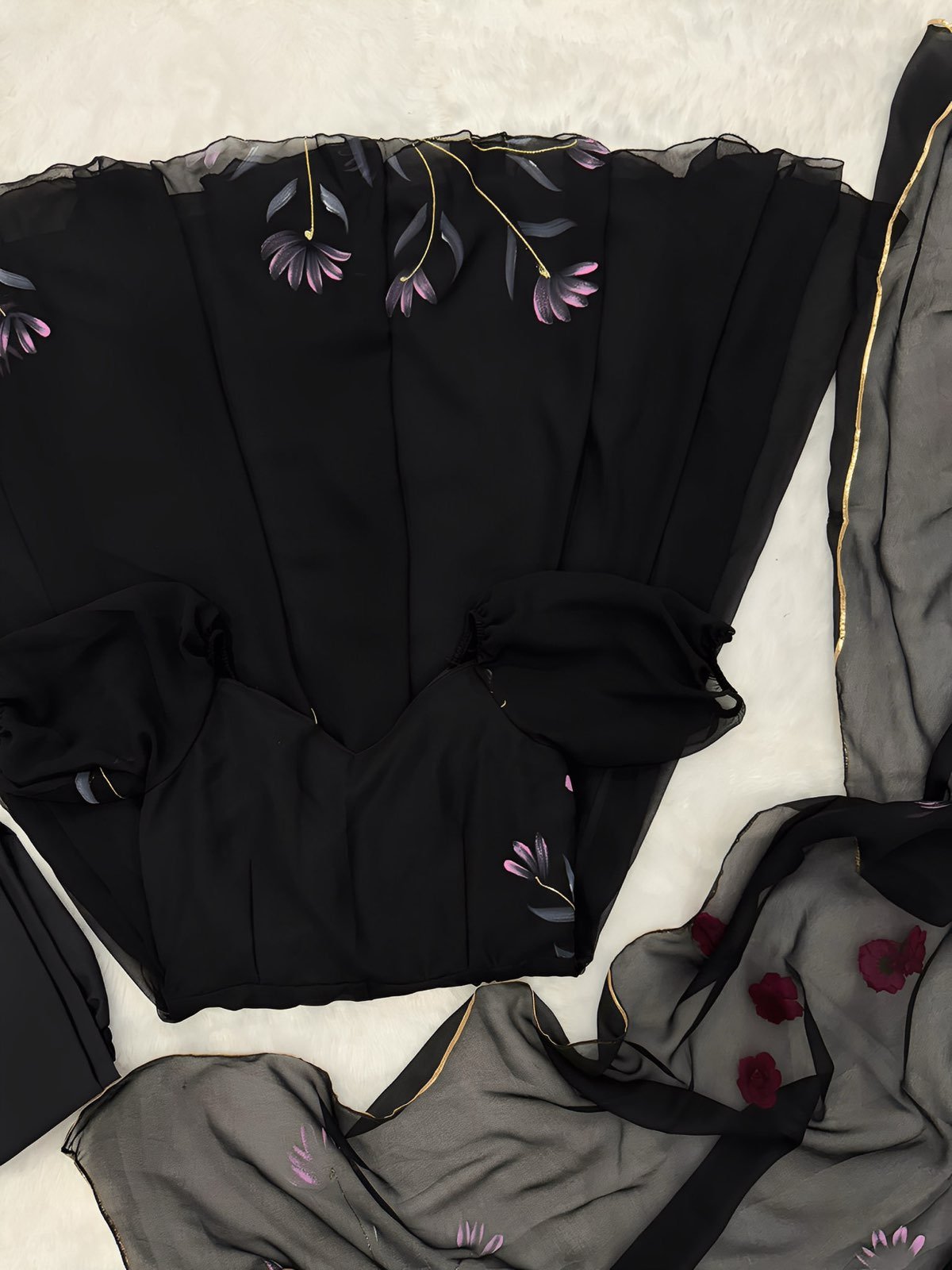 Black Handpainted Floral Bouquet Gown  │ Rich flaired Long Designer Set