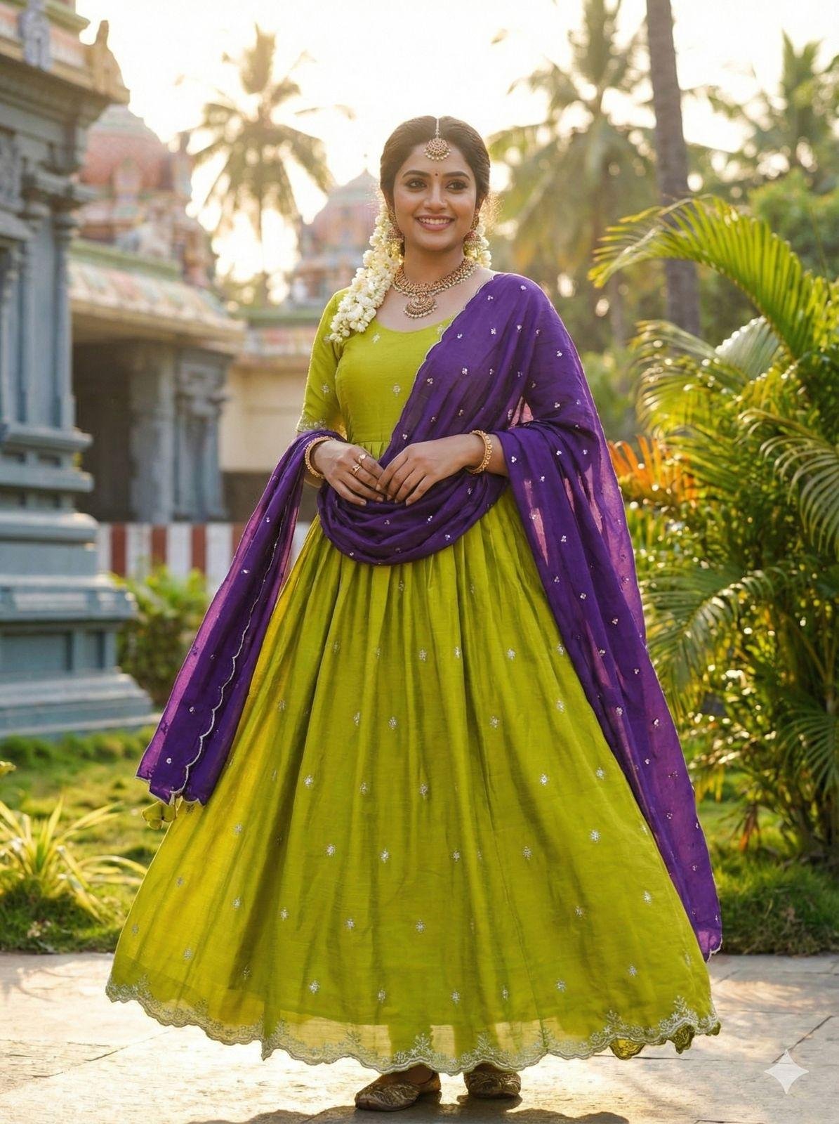 Neon Purple Anarkali Set with Sequins Work & Dupatta