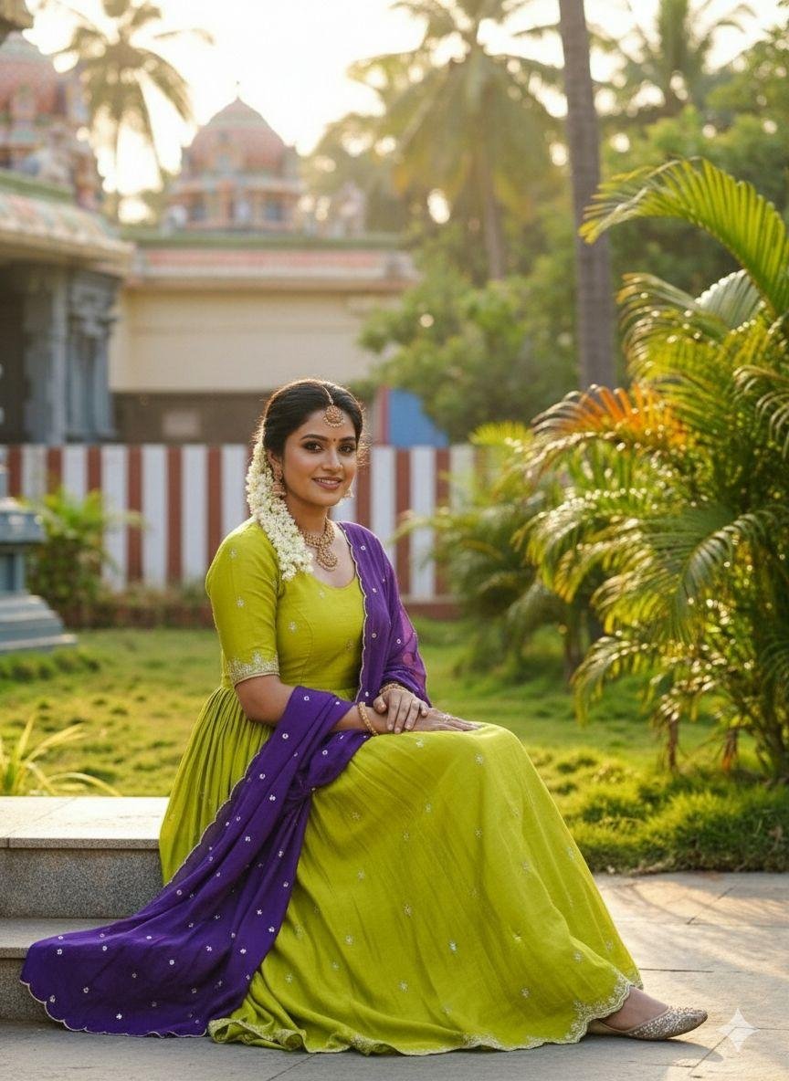 Neon Purple Anarkali Set with Sequins Work & Dupatta
