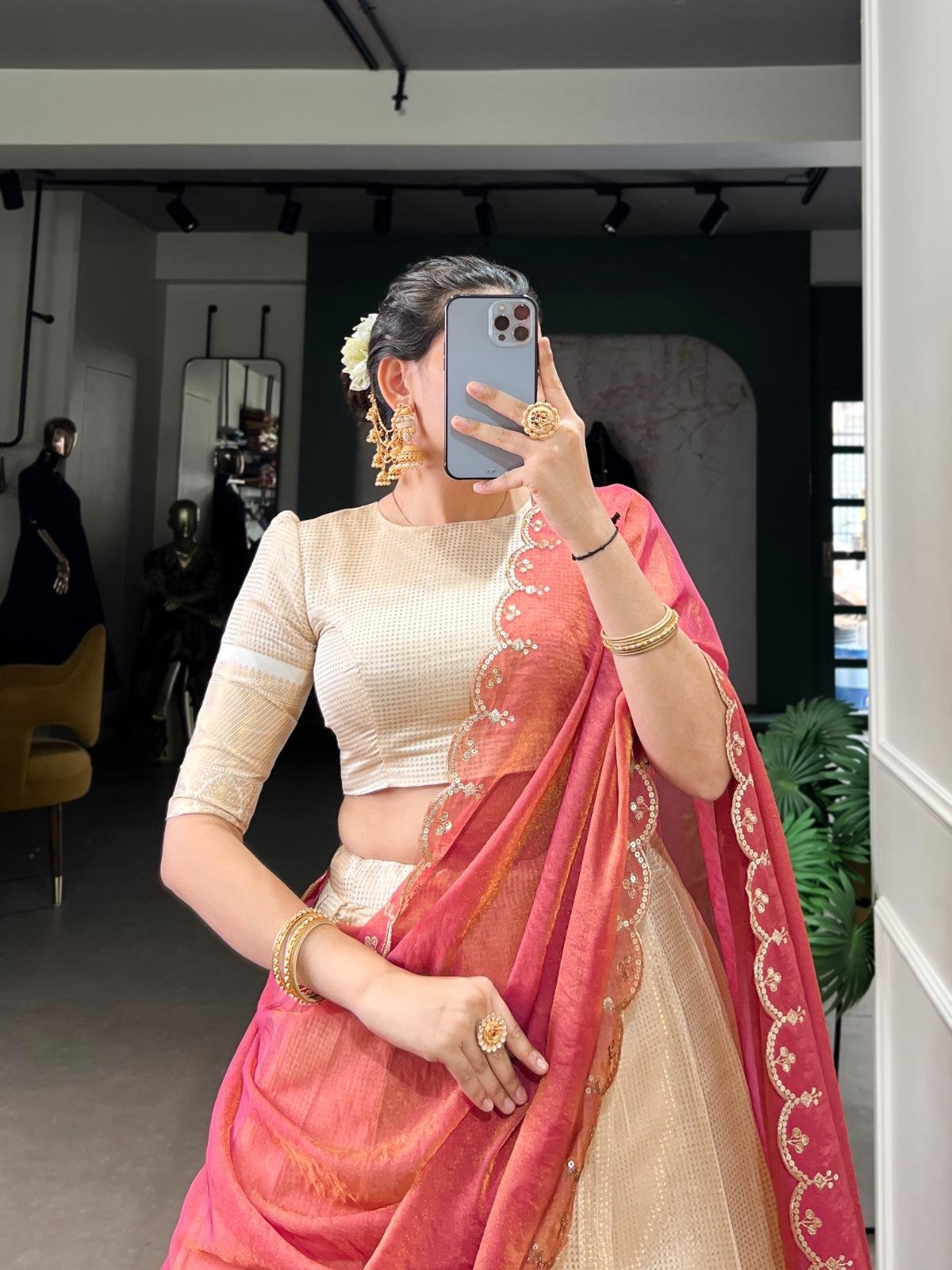 Elegant Golden Zari Weaving Work Lehenga with Zari Shimmer Dupatta 🪷