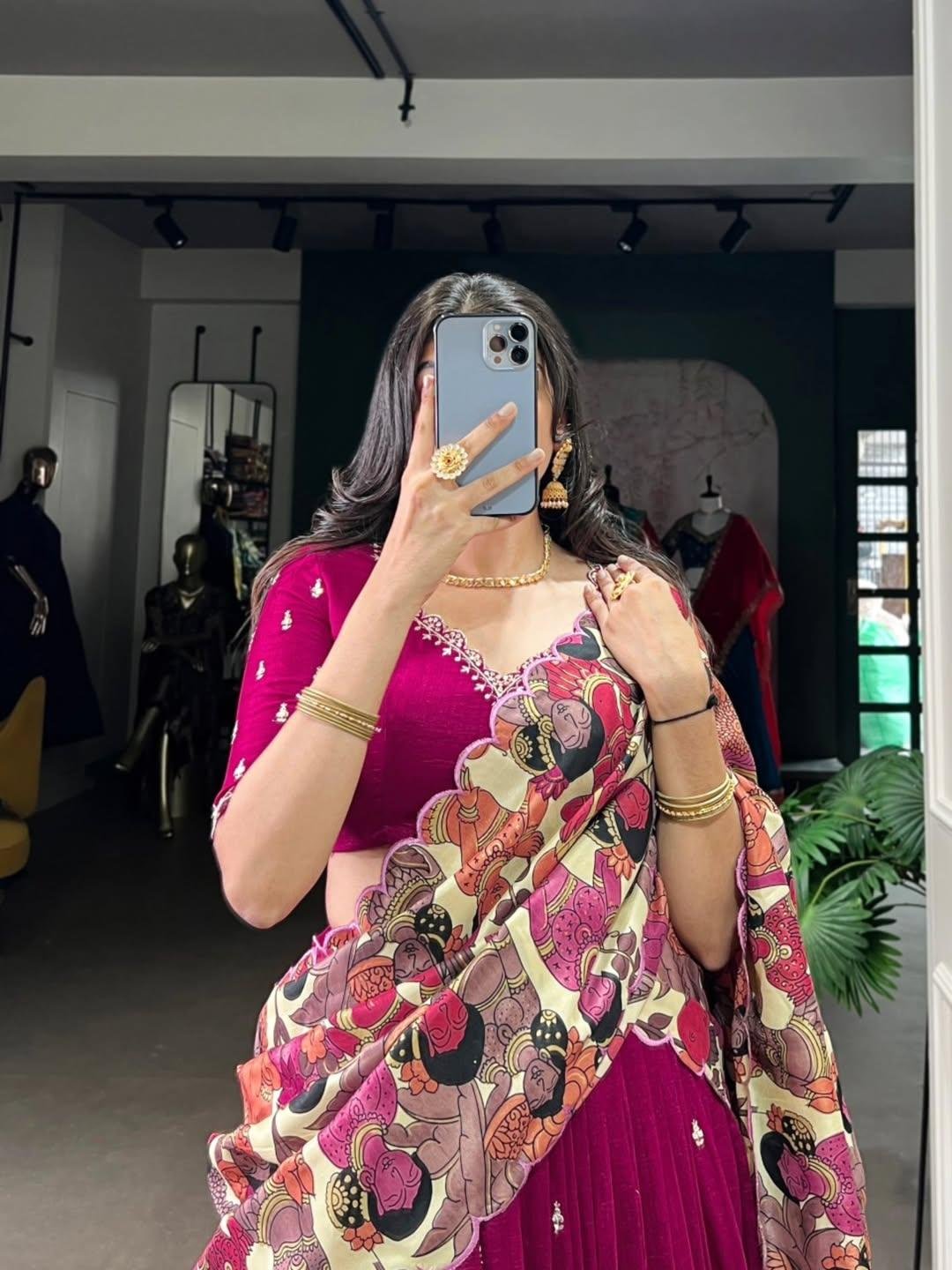 Kalamkari Vichitra Silk Lehenga Choli with  Border & Embroidery