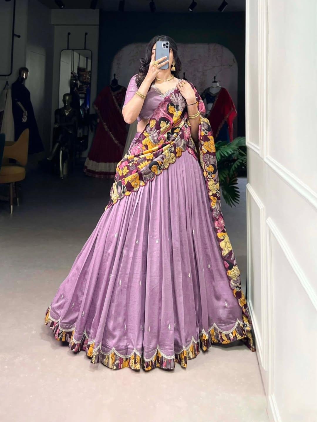 Kalamkari Vichitra Silk Lehenga Choli with  Border & Embroidery