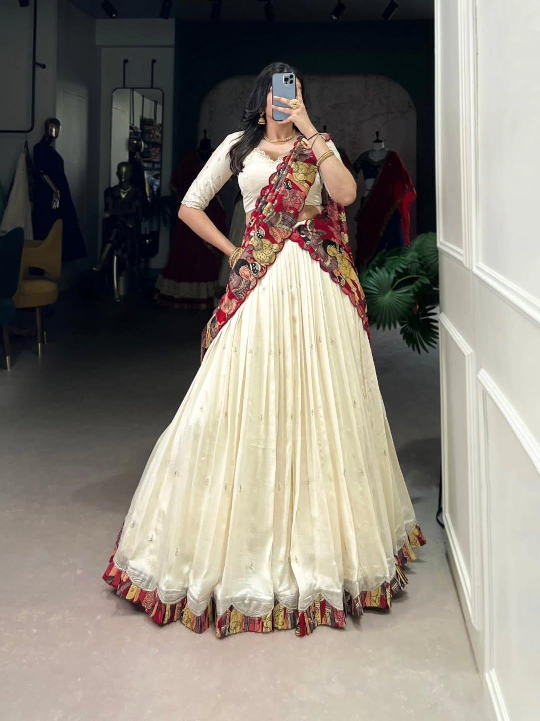 Kalamkari Vichitra Silk Lehenga Choli with  Border & Embroidery