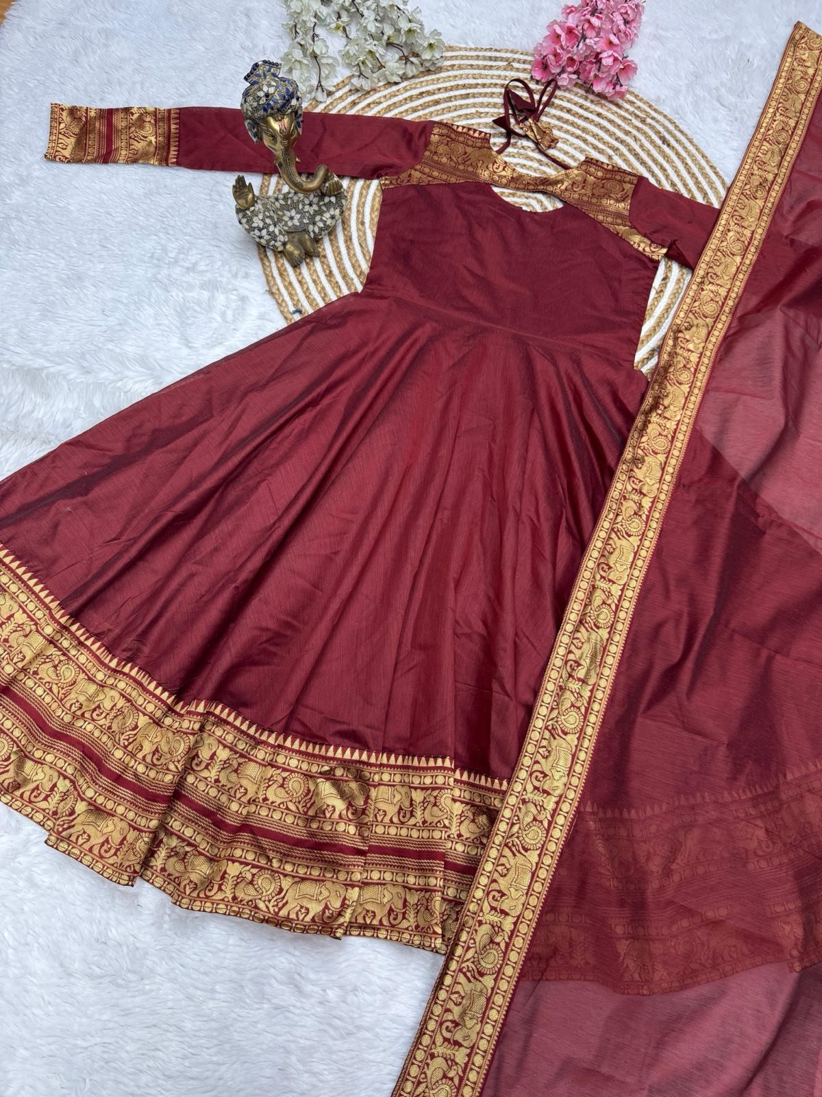 Silk Cotton Jacquard Weaving Gown With Dupatta | Premium Ethnic Wear