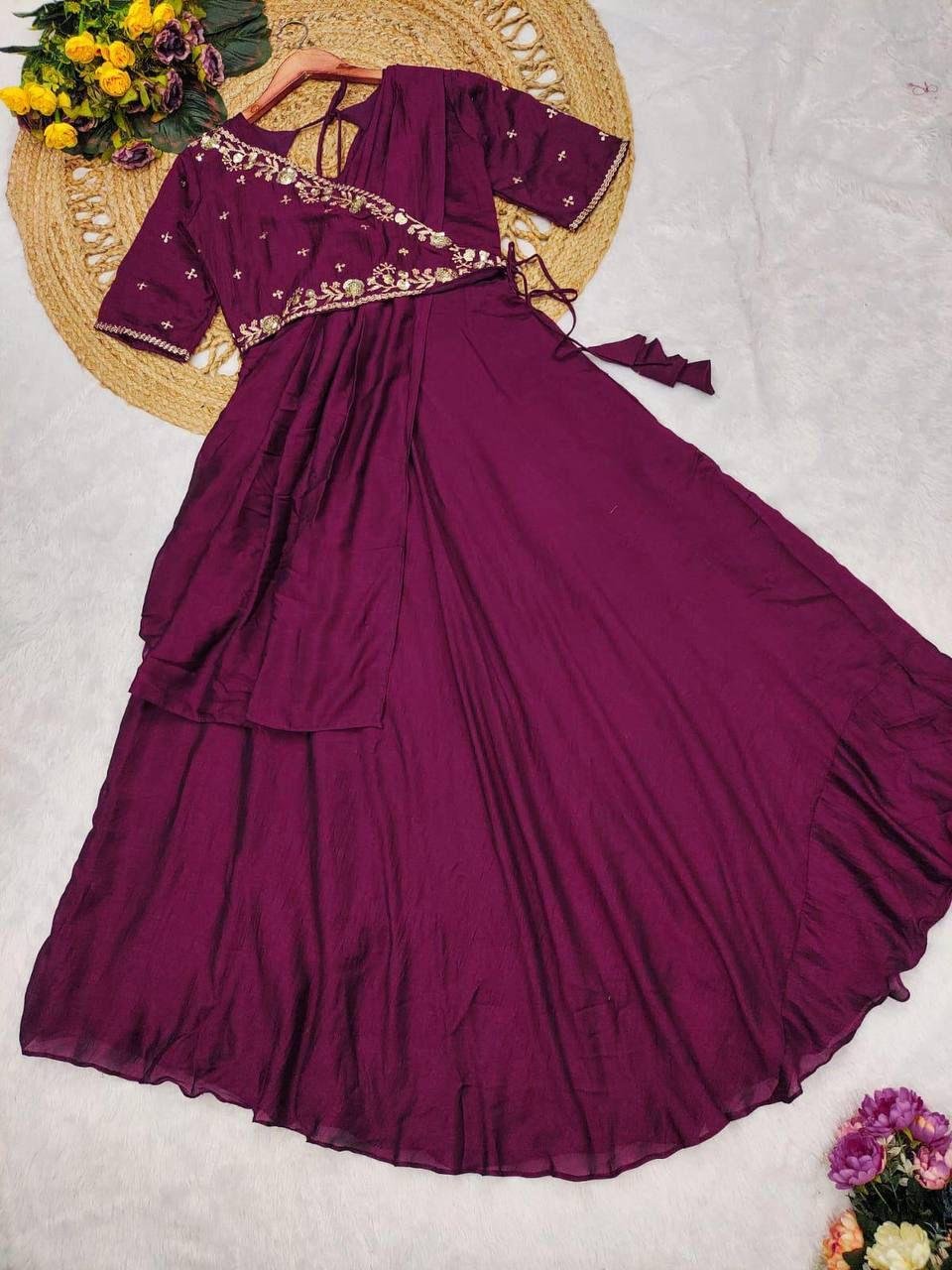 Pre-Draped Vichitra Silk Anarkali with Embroidered Blouse | Party Wear Chic