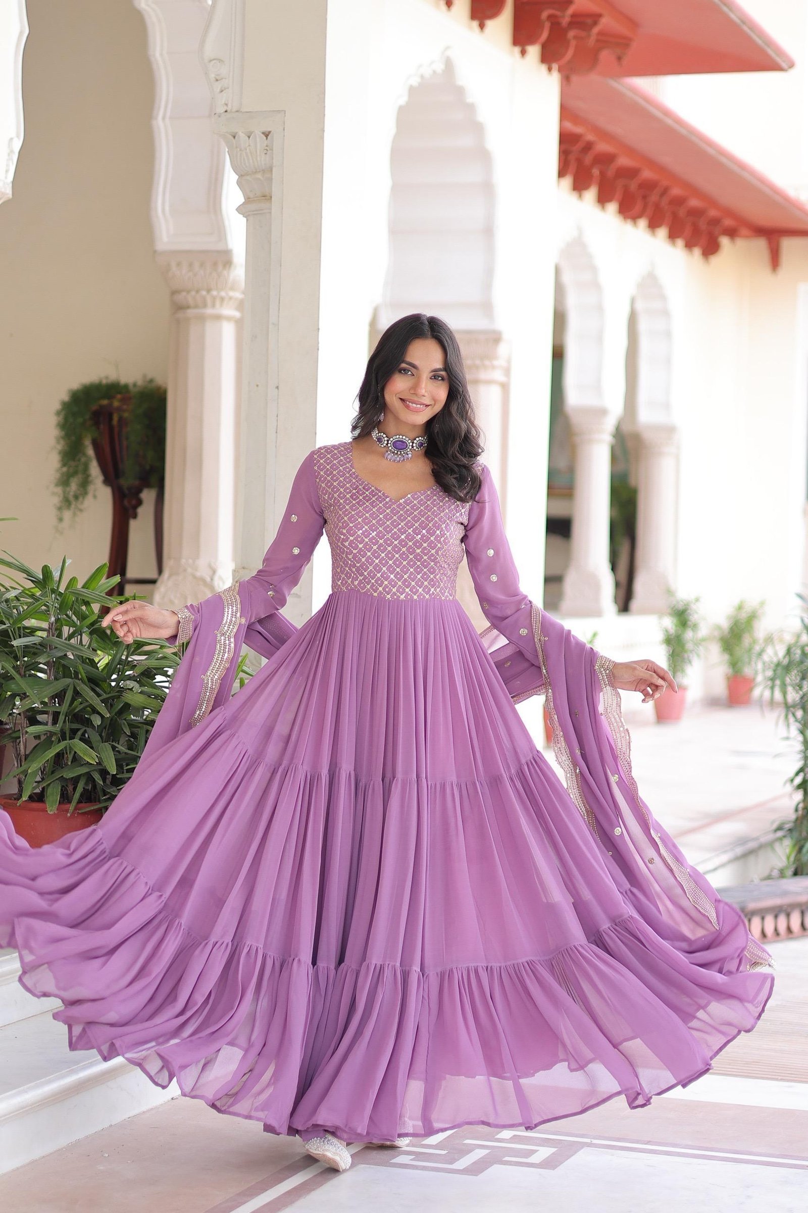Liliac Fantasy 12 meter flaired Long Gown Designer Dress with Dupatta │ Exclusive Partywear under Budget