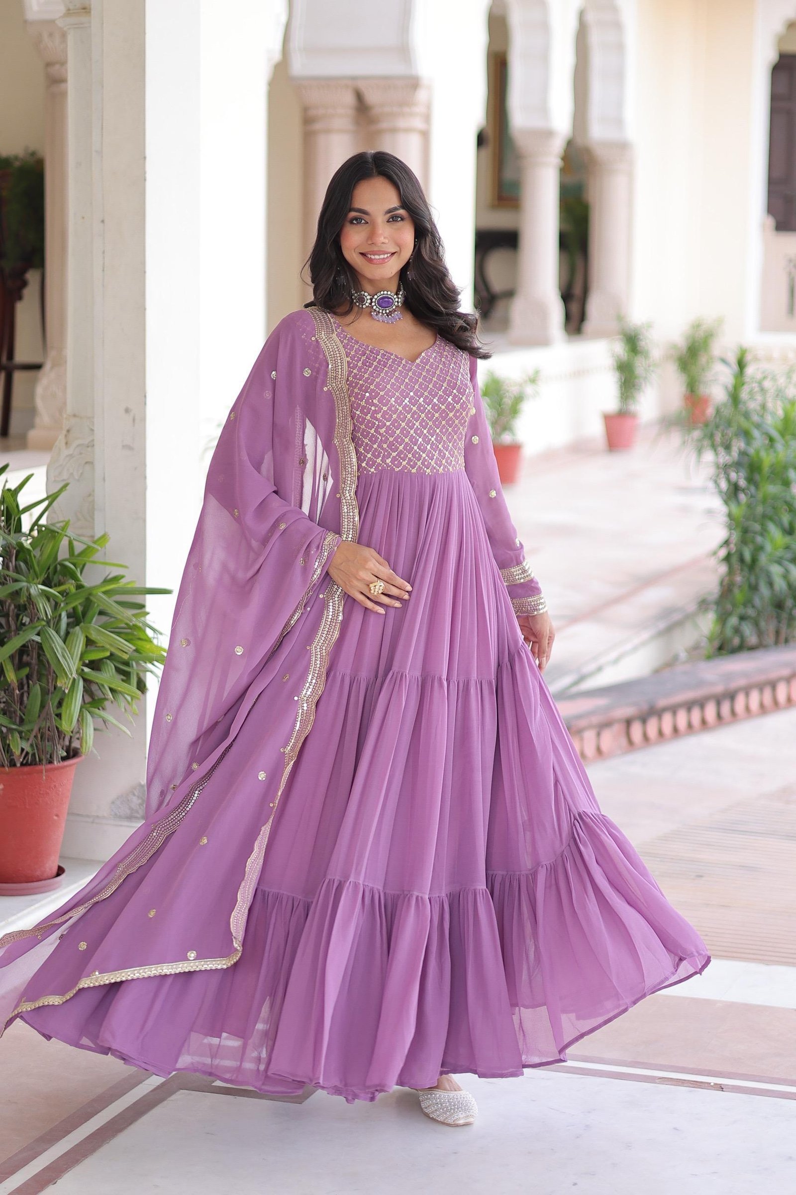 Liliac Fantasy 12 meter flaired Long Gown Designer Dress with Dupatta │ Exclusive Partywear under Budget