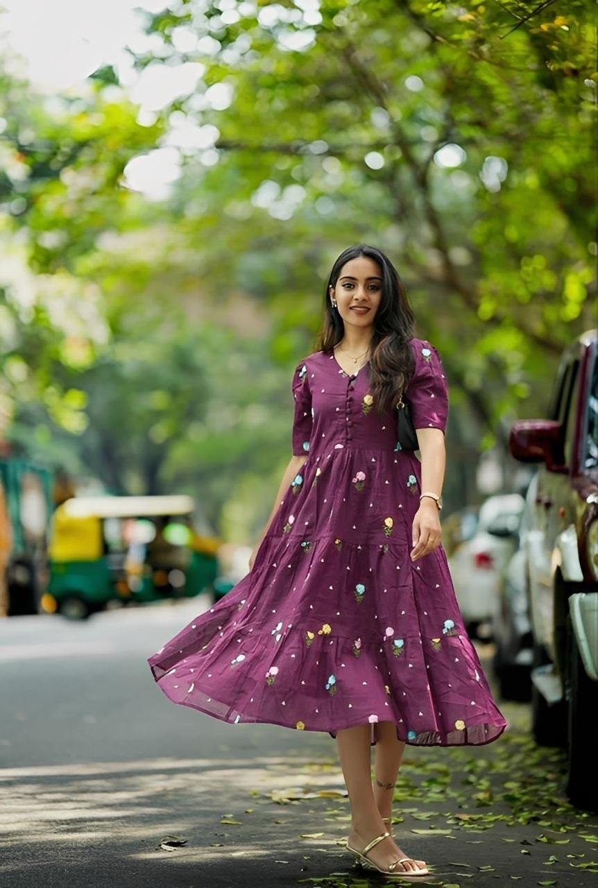 Wine Berry Embroidered Maxi │ Newyear Cotton Flaired Dress in Offer